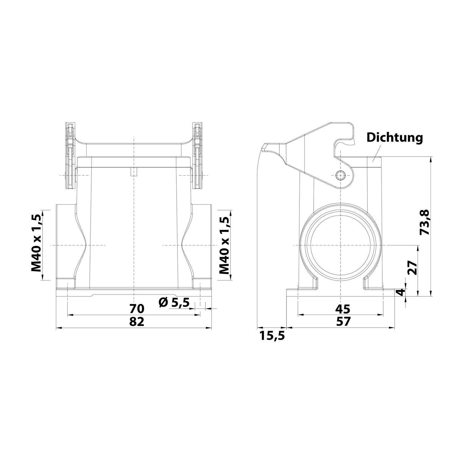 Technische Zeichnung einer Rohrverschraubung mit Seiten- und Frontansicht, mit Maßangaben: 'M40 x 1,5', Durchmesser 'Ø 82', und Höhe '73,8'.
