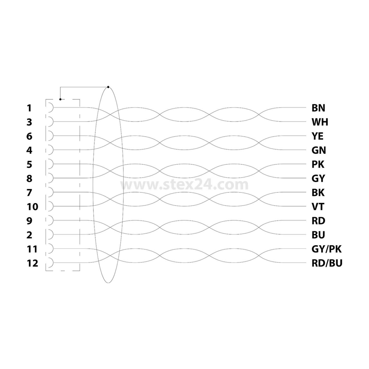 Diagramm der 12-poligen Anschlusskabel-Paare mit Darstellung der Pinnummern 1 bis 12 und entsprechenden Farbcodes: BN, WH, YE, GN, PK, GY, BK, VT, RD, BU, GY/PK, RD/BU.