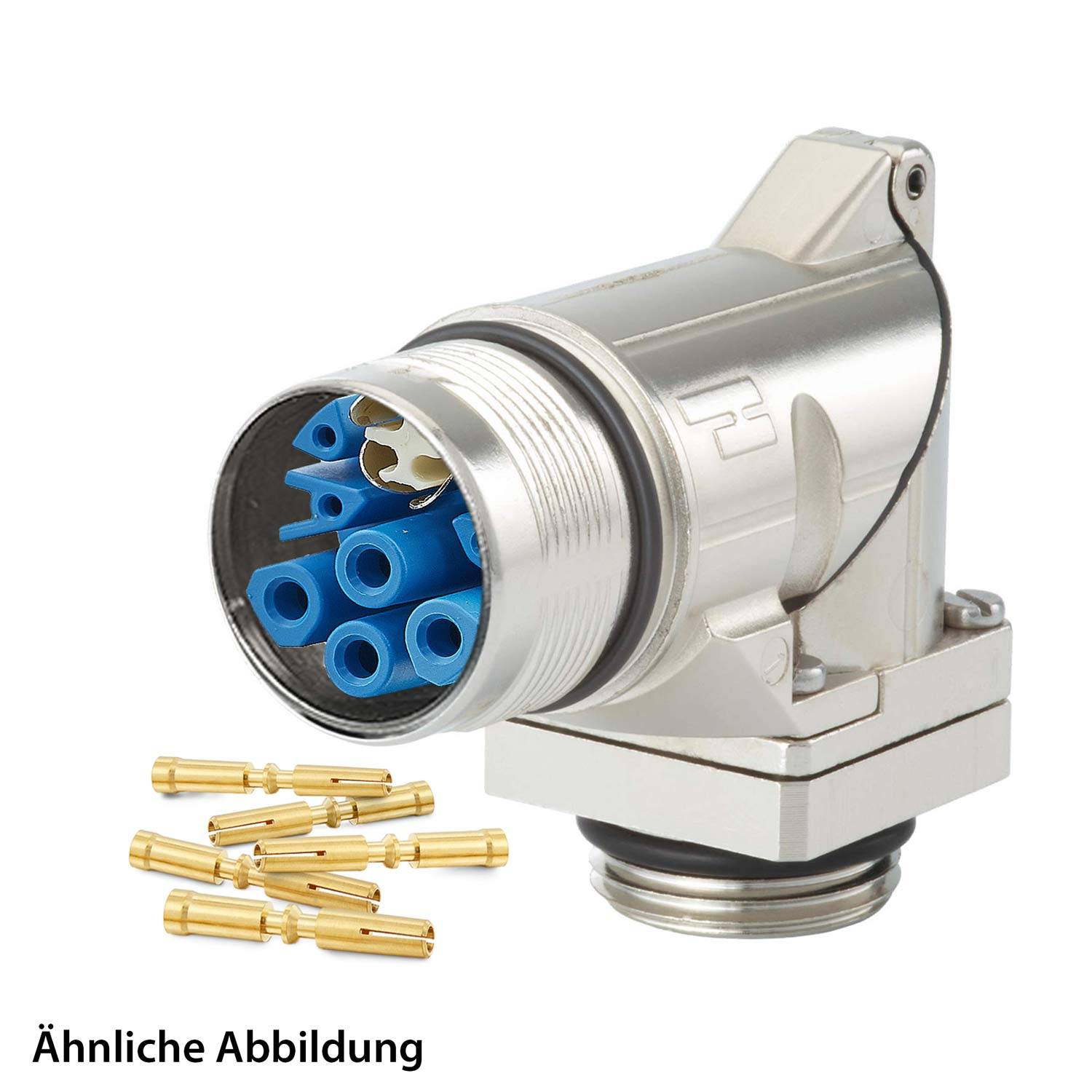 Ein silberner Mehrfachsteckverbinder mit blauen Buchsen und mehreren goldenen Pins daneben.