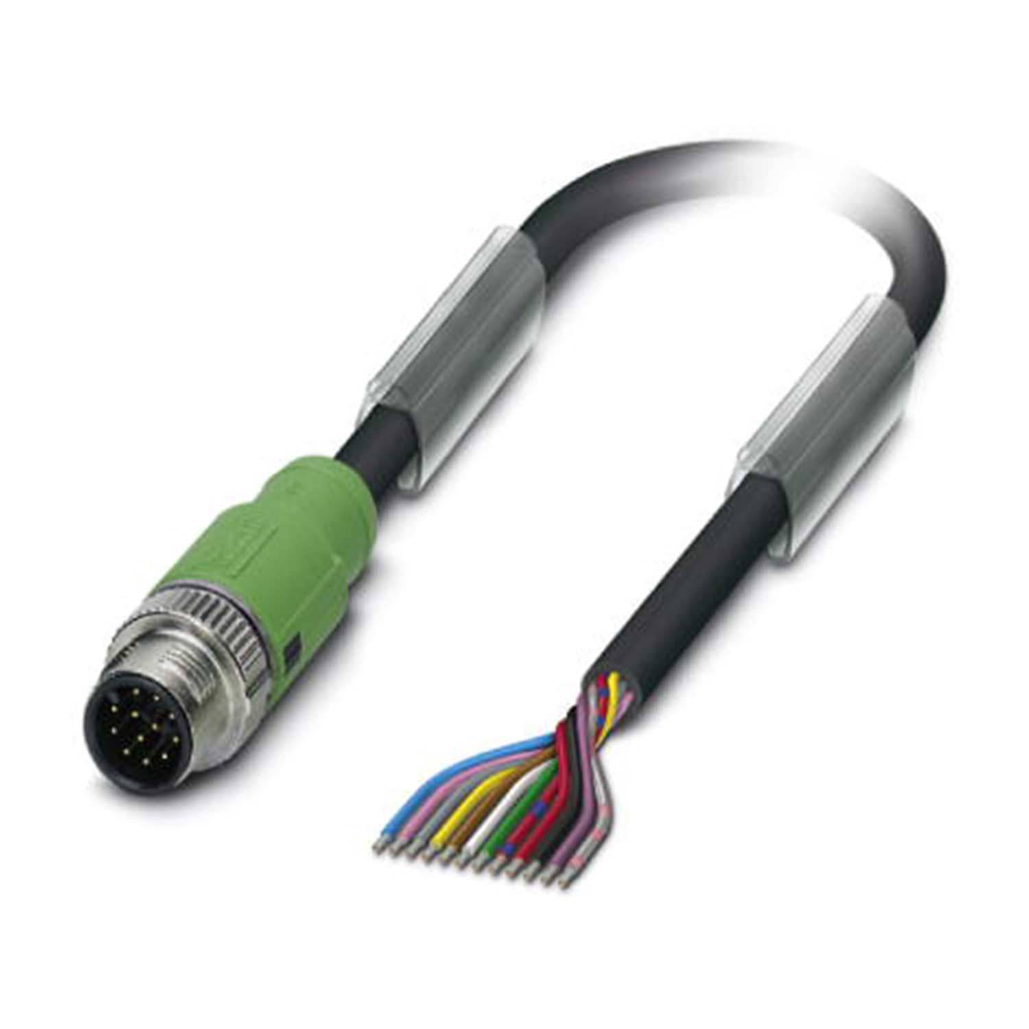 Ein Kabel mit einem grünen Stecker an einem Ende und freigelegten, mehrfarbigen Drähten am anderen Ende, verwendet für elektronische Verbindungen.