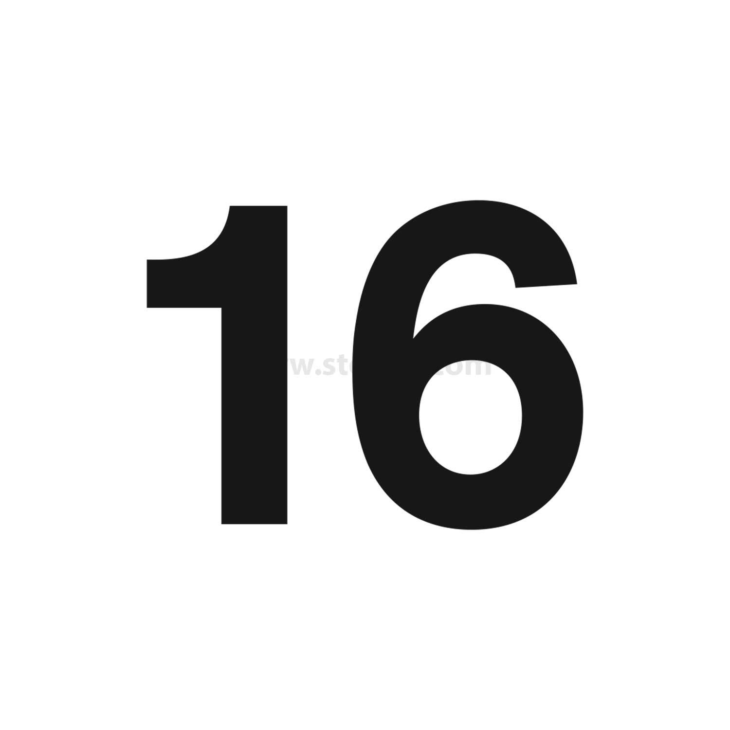 Das Bild zeigt eine große schwarze Zahl '16' auf einem einfarbigen weißen Hintergrund.