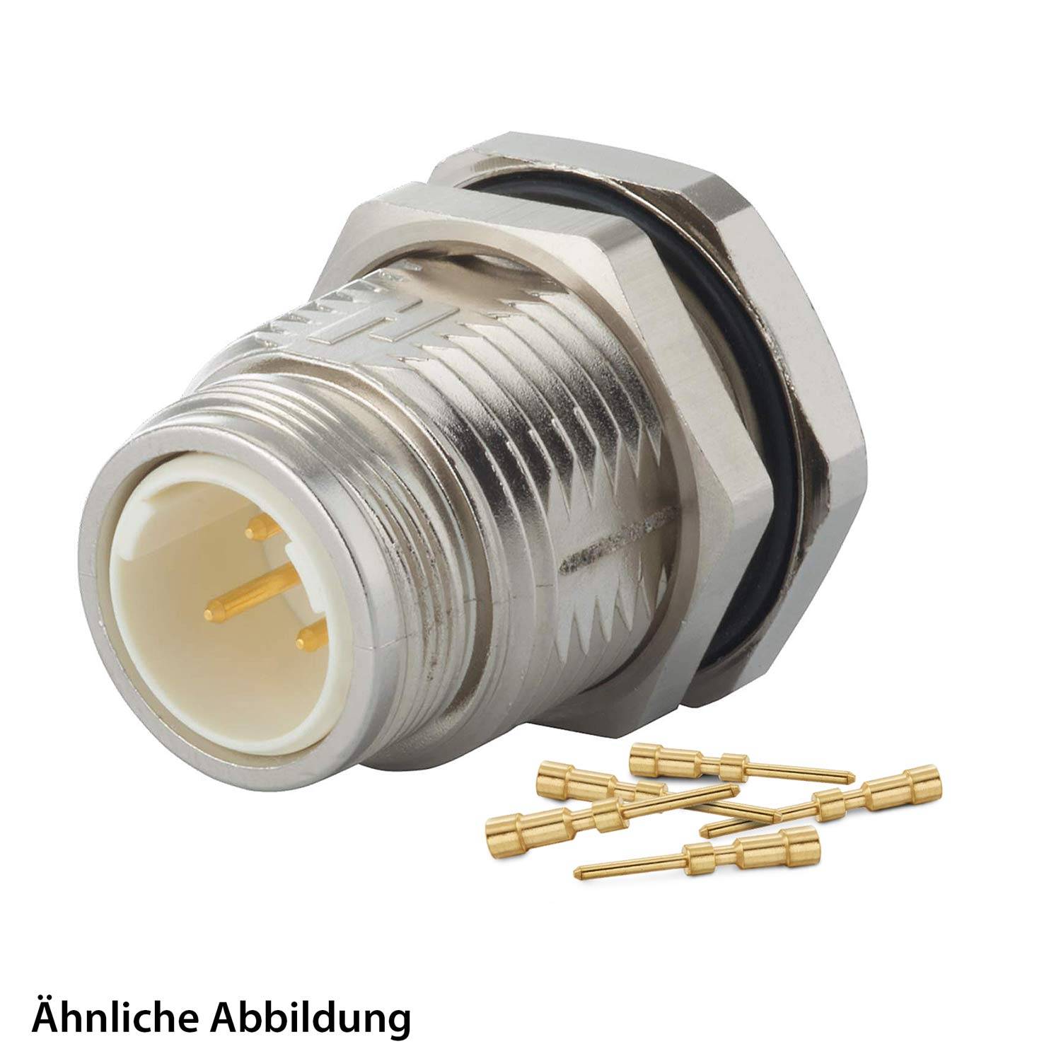 Die 'Ähnliche Abbildung' zeigt einen metallischen Anschluss mit einer sechseckigen Mutter und mehreren kleinen Goldstiften, wahrscheinlich für elektronische Anwendungen.