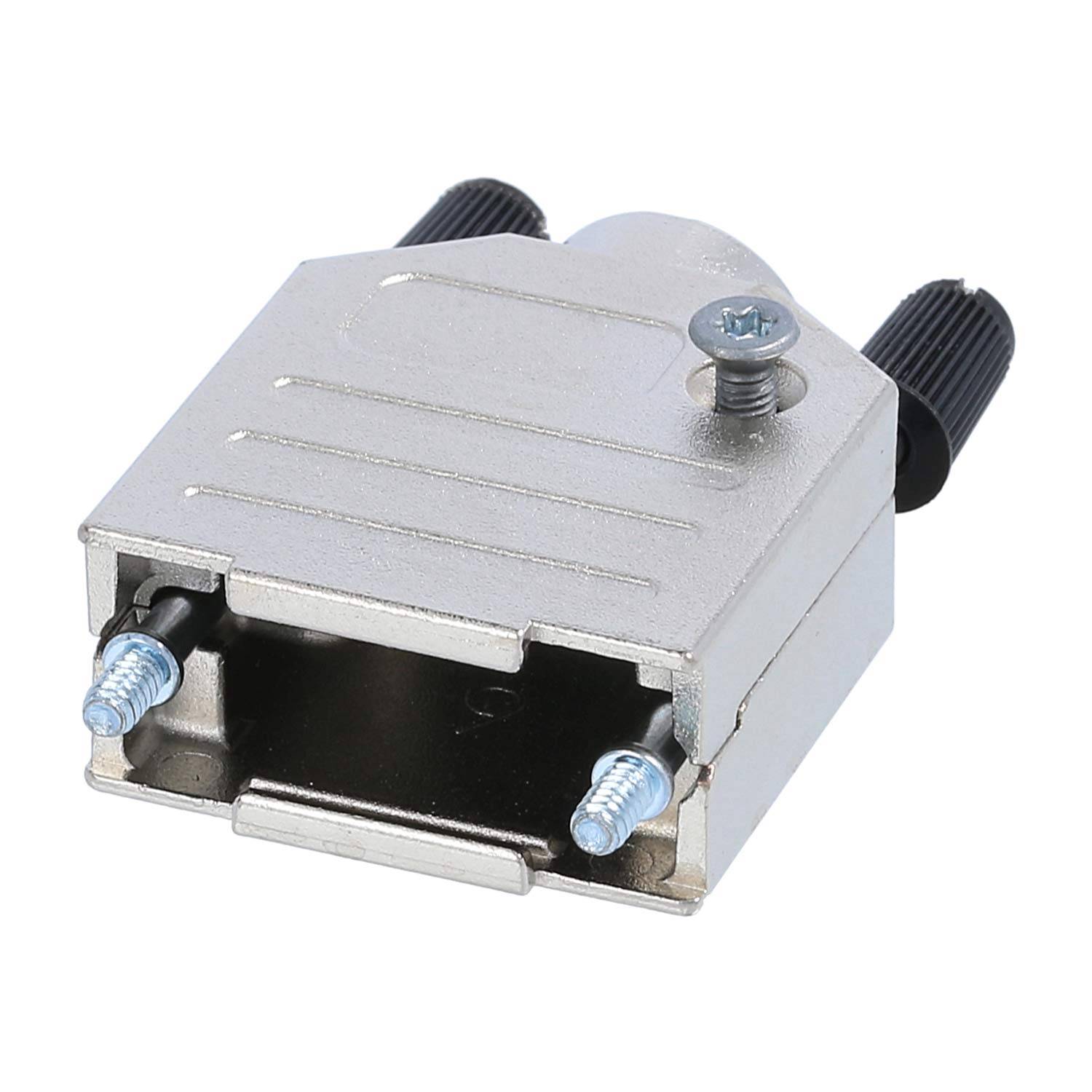 Ein silbernes Metallgehäuse für einen D-Sub-Steckverbinder mit zwei schwarzen Kabeleintrittsöffnungen und Schrauben zur Befestigung der Kabel.