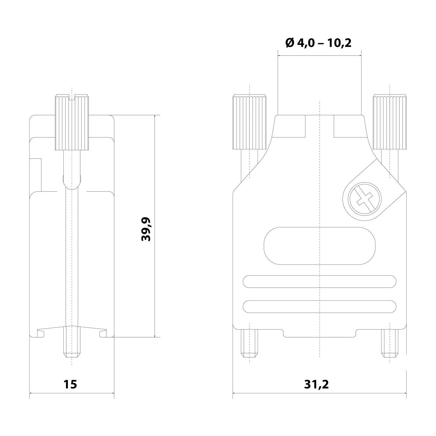 Technische Zeichnung eines mechanischen Bauteils mit zwei Ansichten und Abmessungen: Höhe 39,9, Breite 31,2 und Tiefe 15. Durchmesserbereich Ø 4,0 - 10,2.