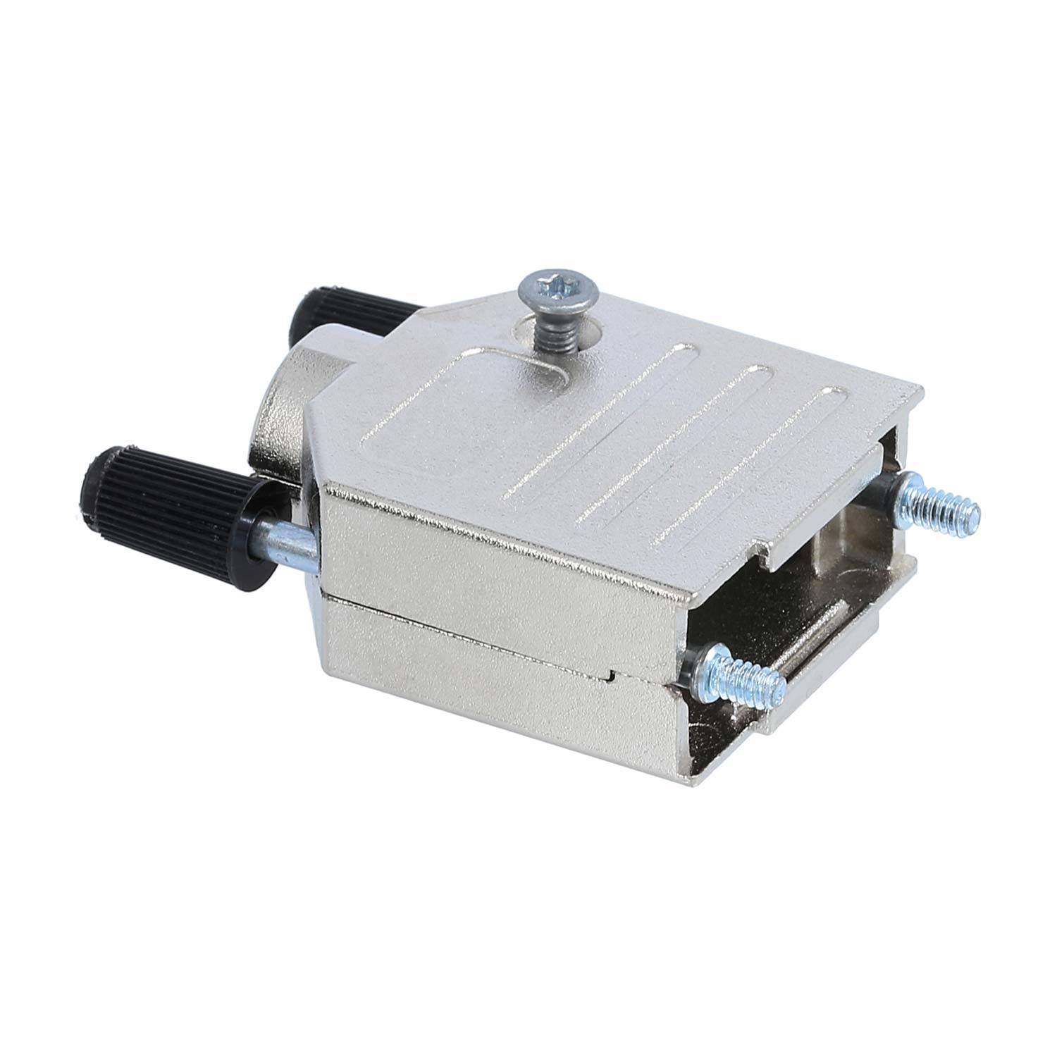 Metallisches VGA-Anschlussgehäuse mit seitlichen Schraubverschlüssen, geöffnet, um den internen Raum für die Kabelverbindung zu zeigen.