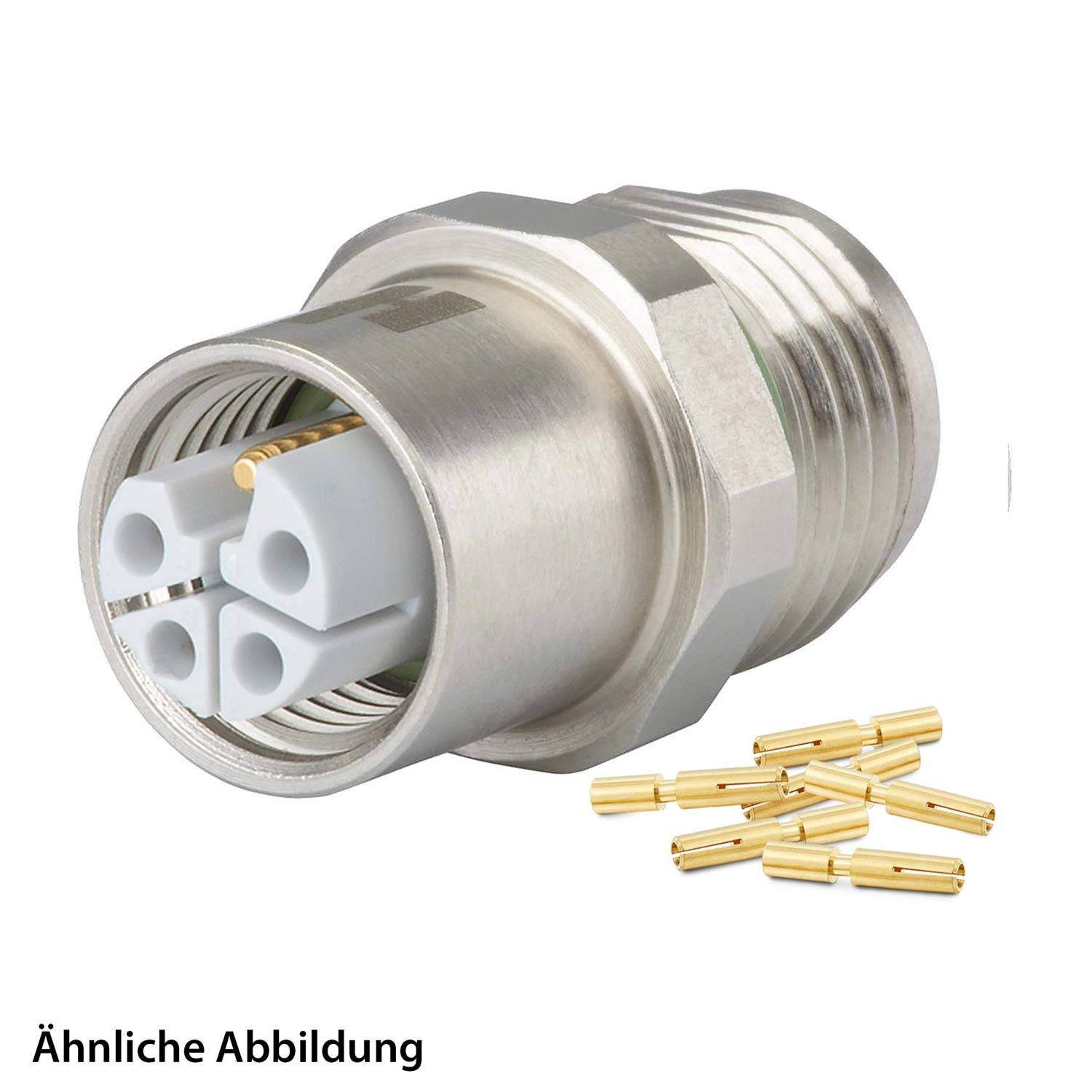 Ein Metallsteckverbinder mit vier sichtbaren Schlitzen und mehreren kleinen Goldstiften, der häufig zur Kabelverbindung in industriellen Umgebungen verwendet wird.