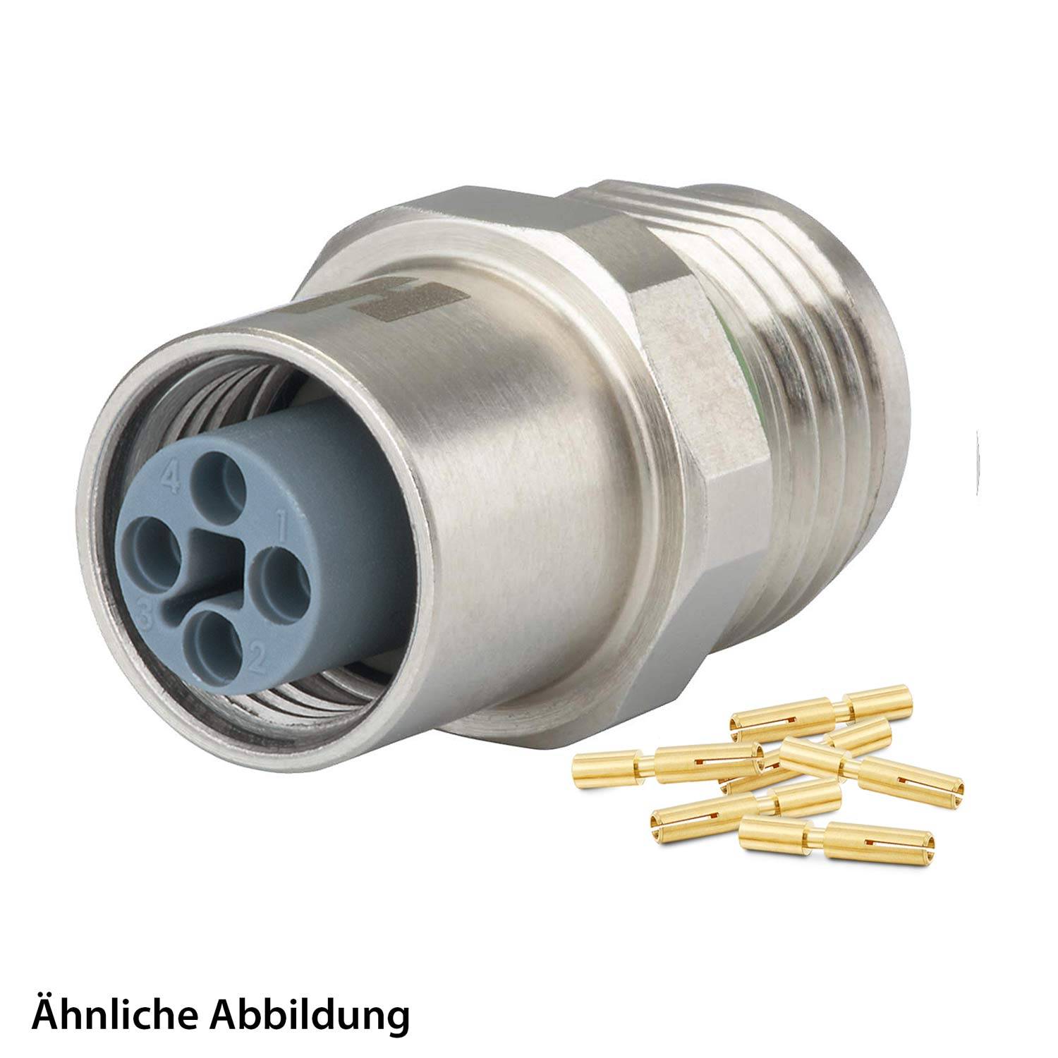 Ein metallischer kreisförmiger Anschluss mit mehreren blauen Anschlüssen, daneben zahlreiche kleine goldene Stifte, beschriftet mit 'Ähnliche Abbildung' zur Kennzeichnung der Ähnlichkeit.