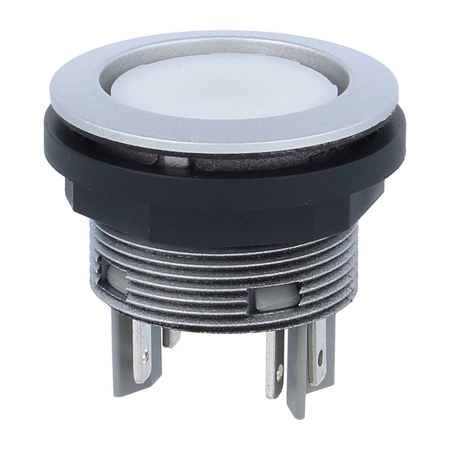 „Ein rundes, metallisches Knopfelement mit weißem Zentrum und schwarzem Gehäuse, für Plattenmontage konzipiert, mit mehreren Anschlussbolzen ausgestattet.