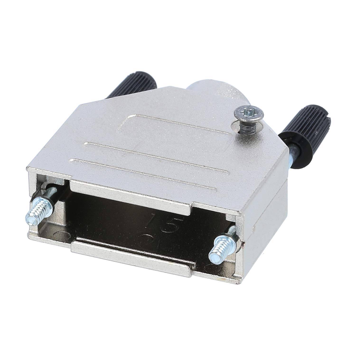 Metallische 15-poliger D-Sub-Verbinderdeckel mit Schrauben, verwendet zum Sichern und Schützen von Schnittstellen-Anschlüssen in elektronischen Geräten.