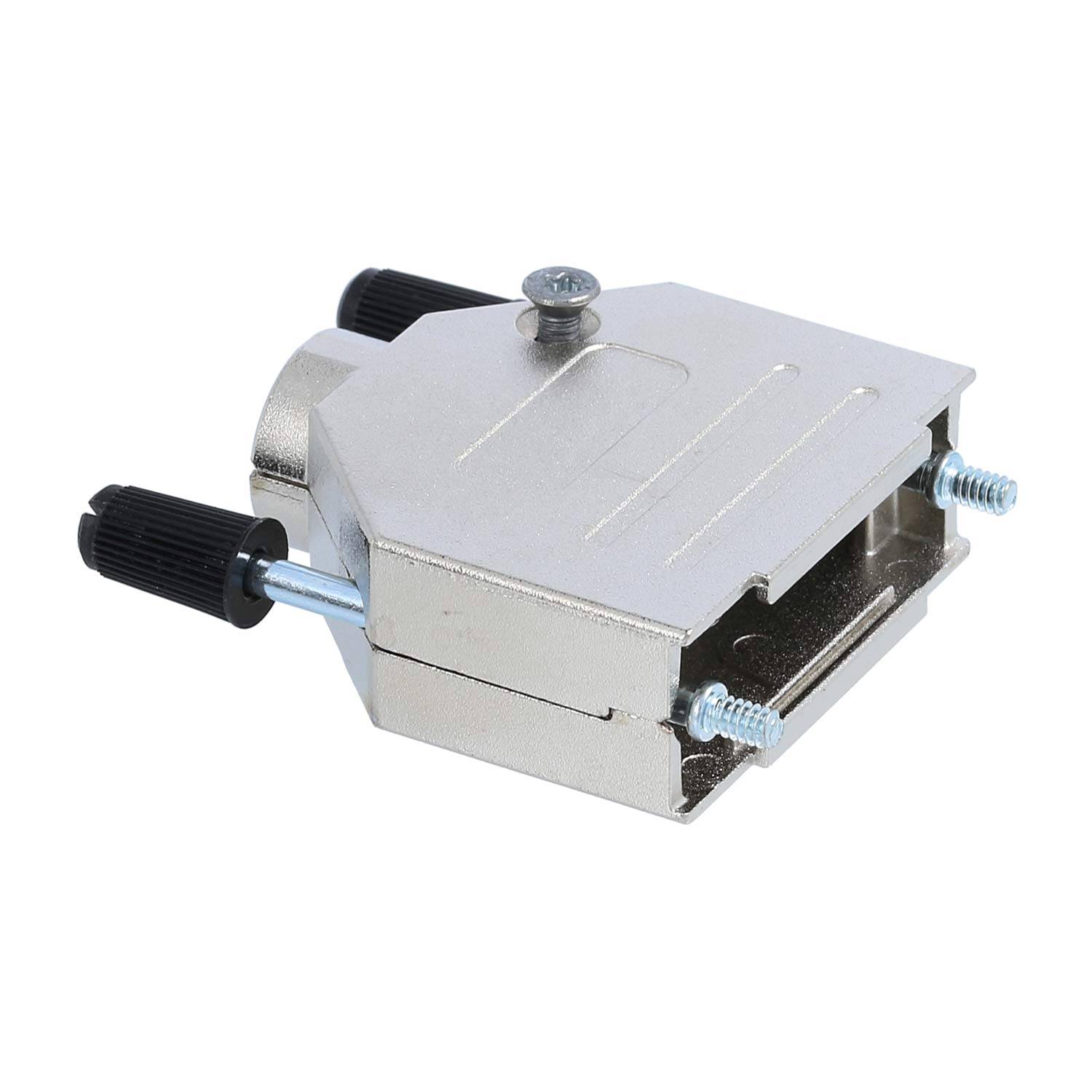 Ein Metallverbindungsgehäuse mit seitlichen Schrauben und einer rechteckigen Öffnung, das zum Schutz und zur Sicherung von elektronischen Kabelverbindungen verwendet wird.