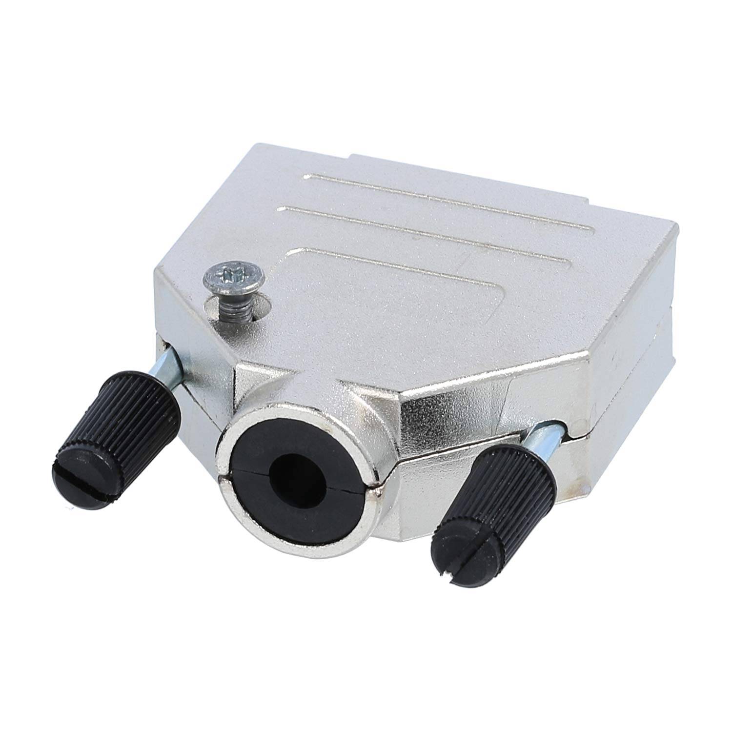 Verbinder mit metallischem Gehäuse und zwei schwarzen Schrauben. Entwickelt für Audio- oder Videogeräte-Anschlüsse.