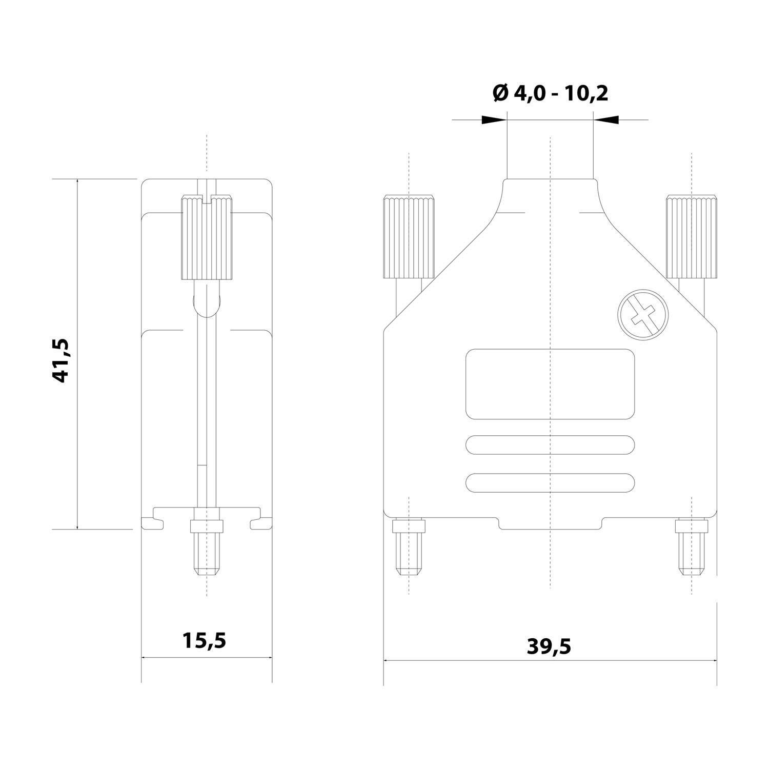Technische Zeichnung eines Bauteils mit Abmessungen: Höhe 41,5, Breite 15,5 bis 39,5, Durchmesser 4,0 bis 10,2. Enthält schraubenähnliche und rechteckige Komponenten.