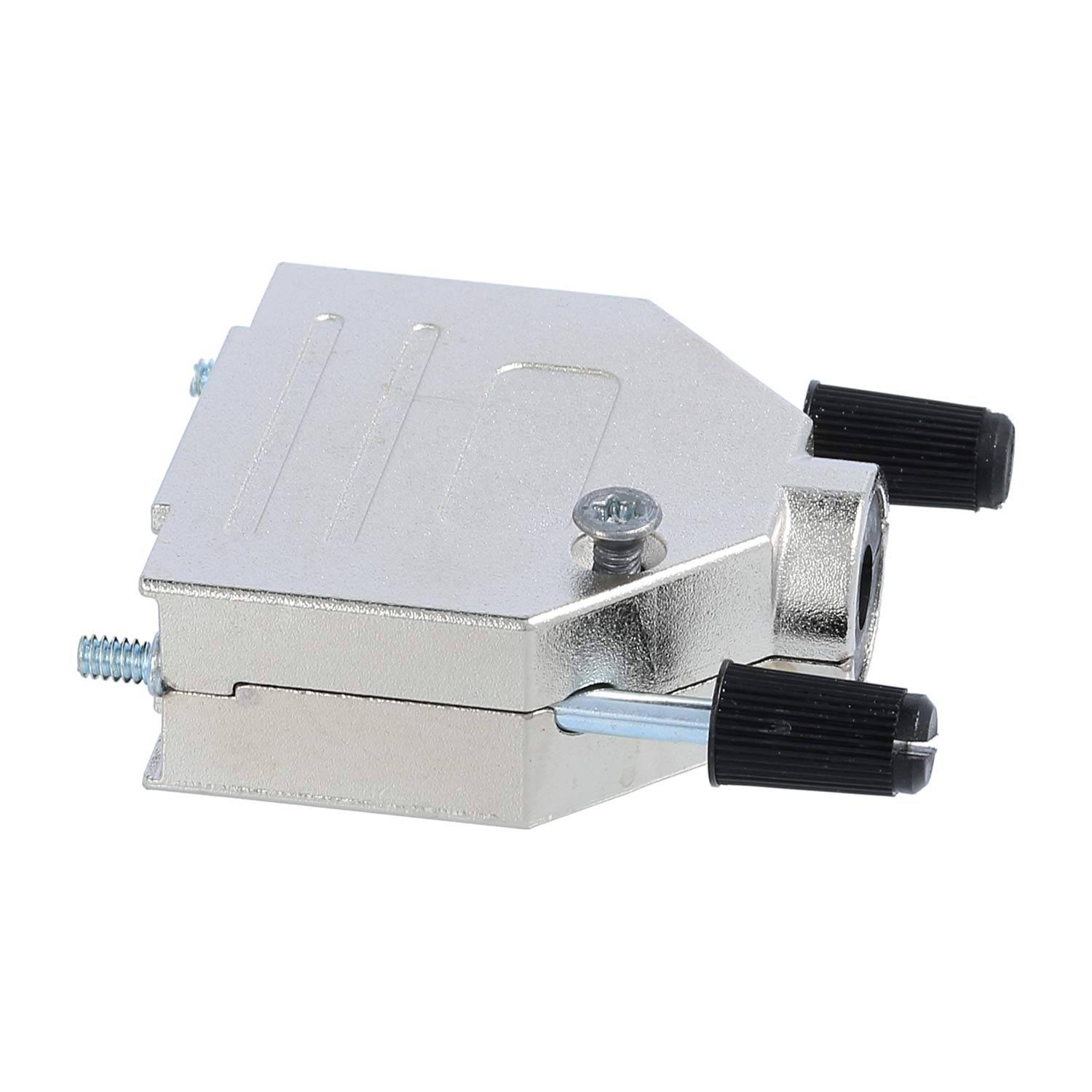 Eine Metallgehäuse-D-Sub-Buchse mit zwei schwarzen Schrauben zum Sichern von Kabeln, verwendet zum Schutz und zur Befestigung von Verbindungen in elektronischen Geräten.