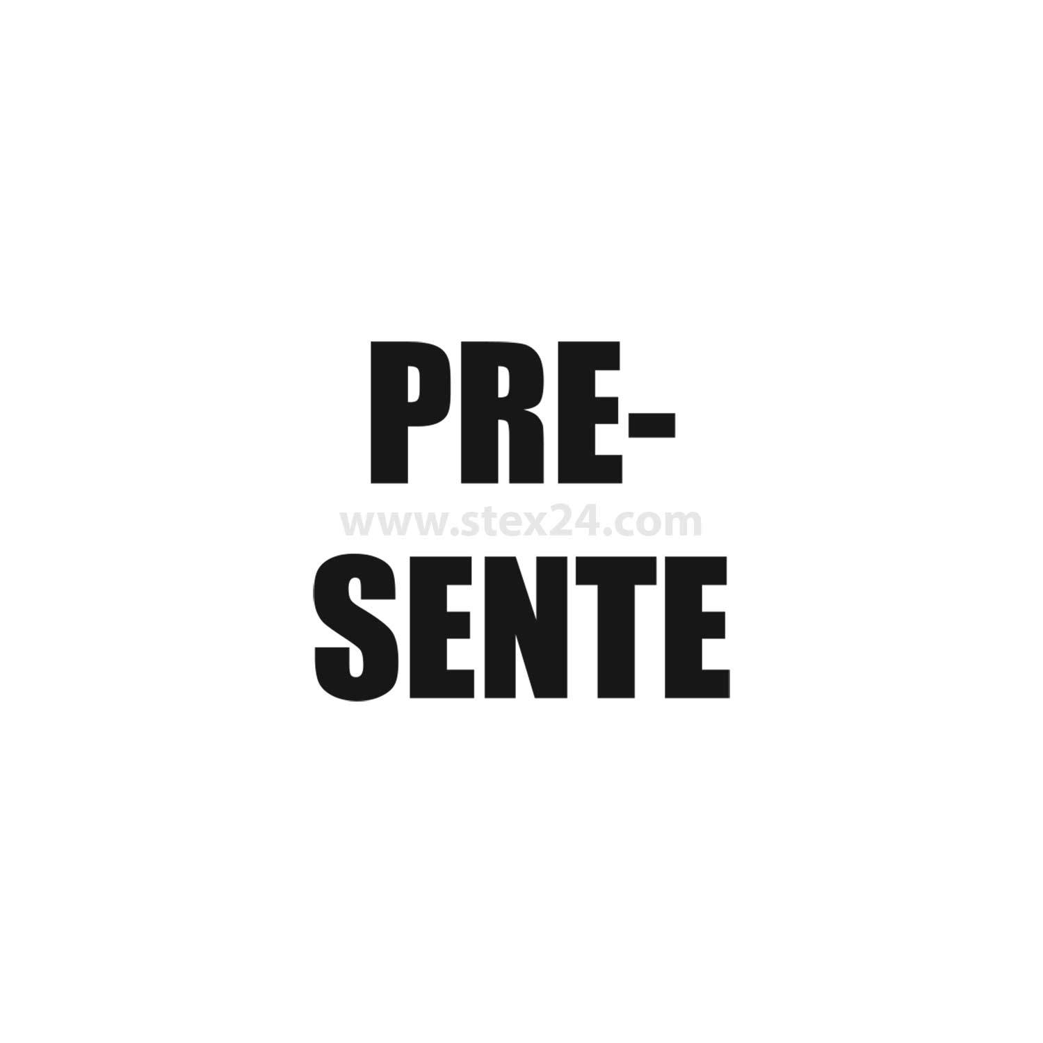 PRESENTE' in fetten schwarzen Buchstaben, zentriert auf weißem Hintergrund.