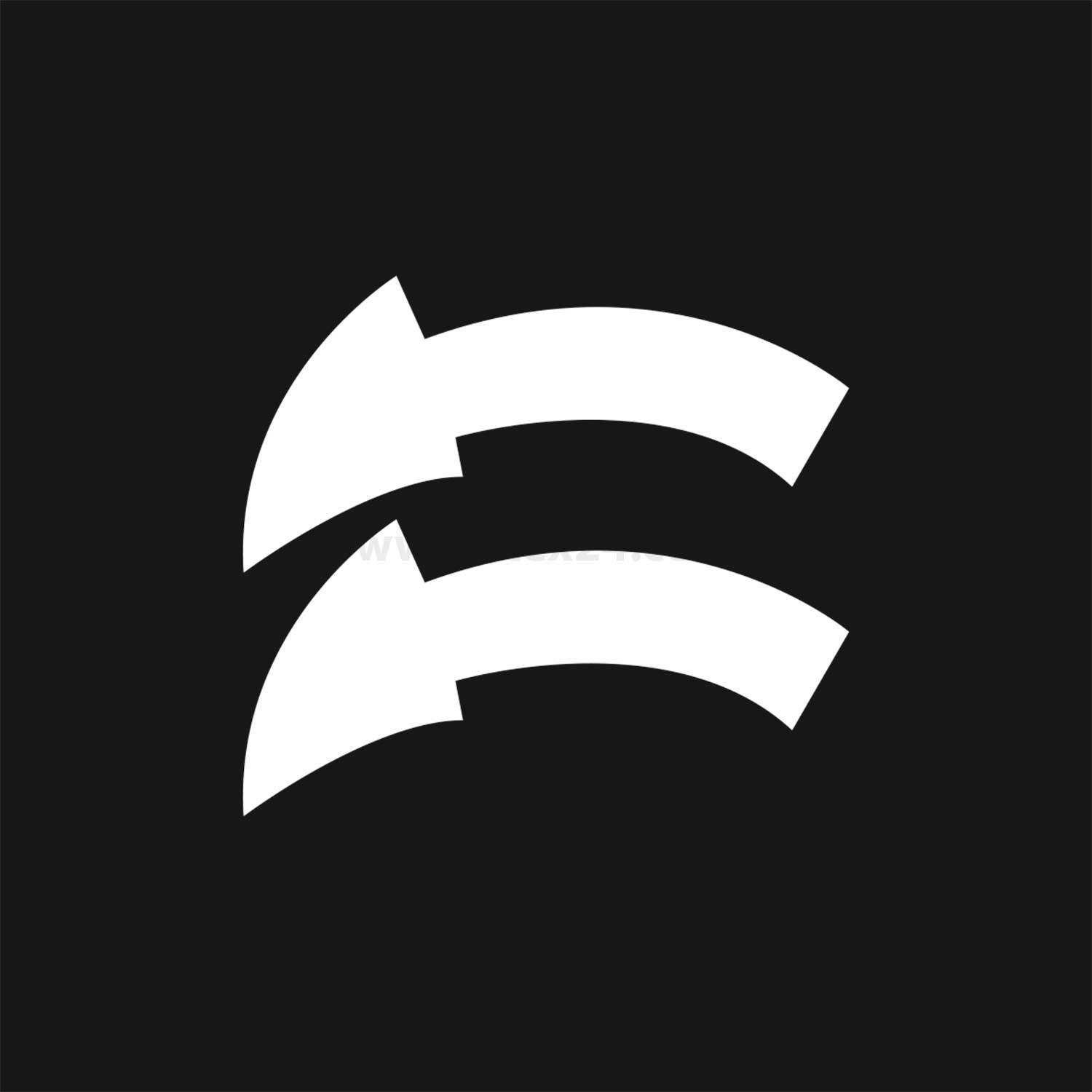 Ein schwarzes, quadratisches Icon mit zwei weißen, gebogenen Pfeilen in entgegengesetzter Richtung, die eine bidirektionale Bewegung oder einen Austausch anzeigen.