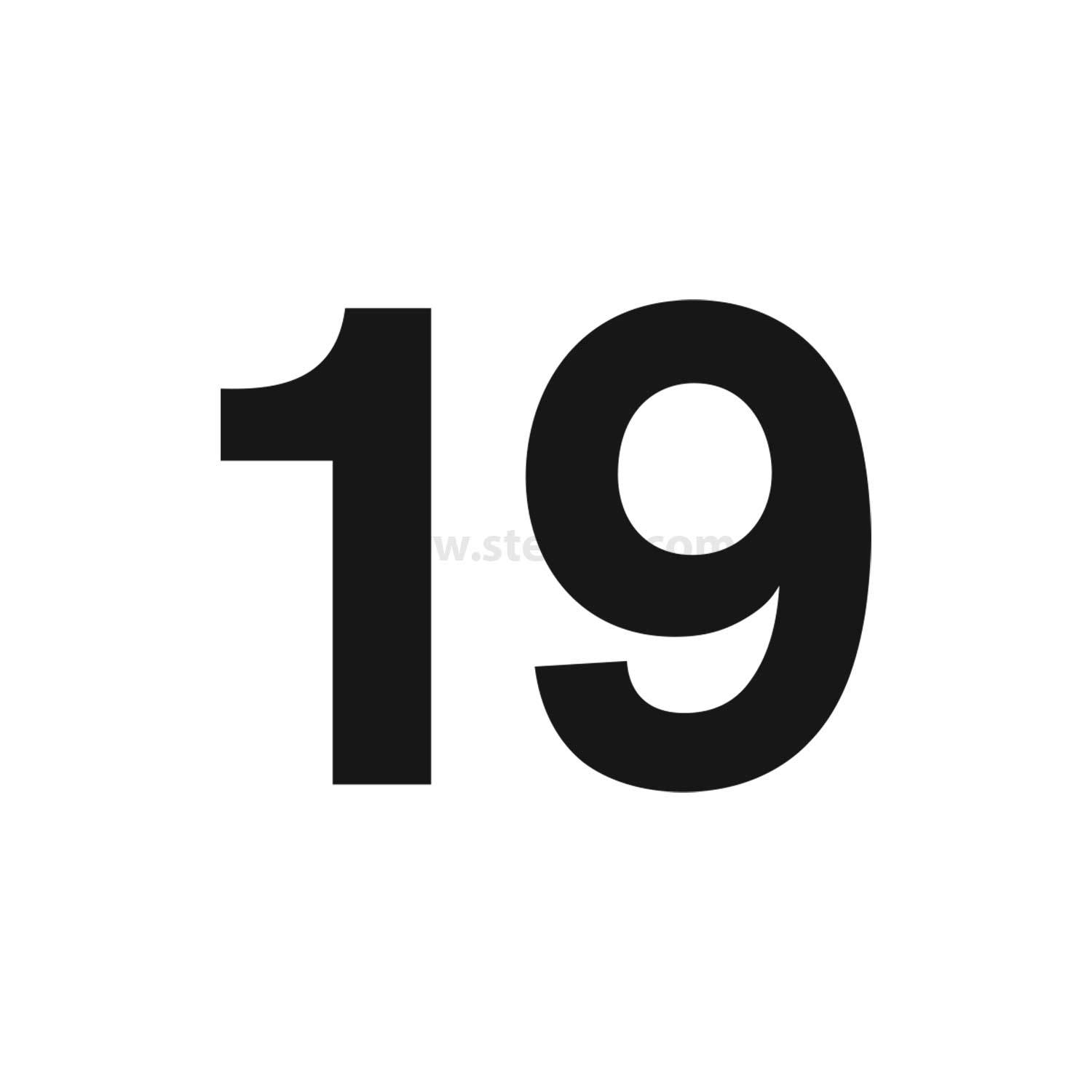 Die Zahl '19' in fetter schwarzer Schrift auf einem einfarbigen weißen Hintergrund.