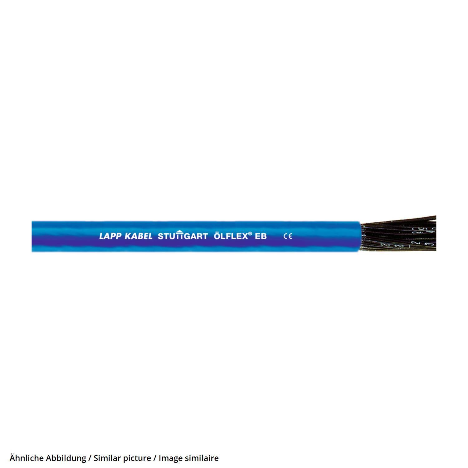 Blauer elektrischer Draht mit der Bezeichnung 'LAPP KABEL STUTTGART ÖLFLEX® EB' mit CE-Kennzeichnung, an einem Ende freigelegte Kupferstränge.