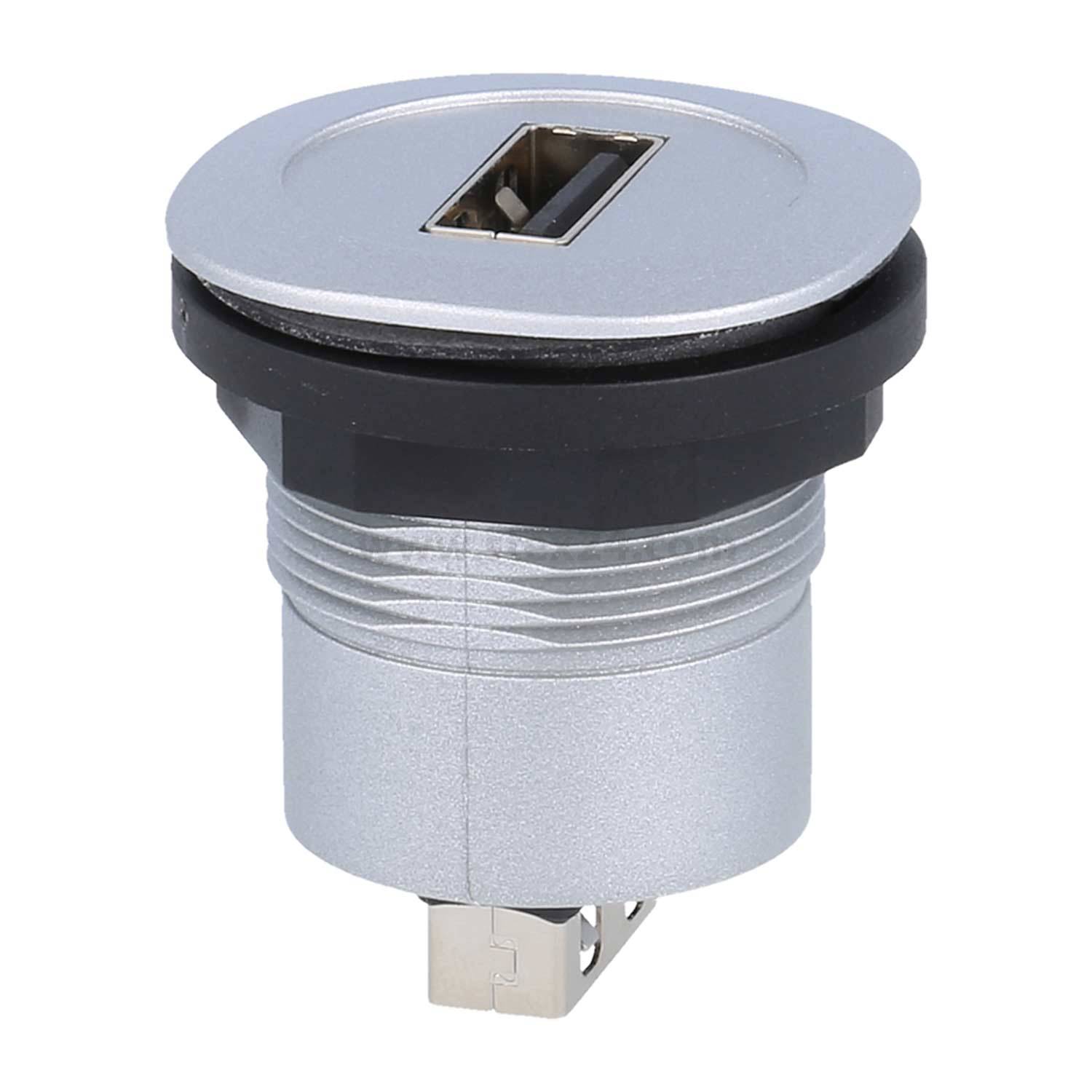 Eine runde metallische USB-Buchse mit einem einzelnen rechteckigen Anschluss und Gewindesockel, konzipiert für die Armaturenbrett- oder Paneelinstallation.