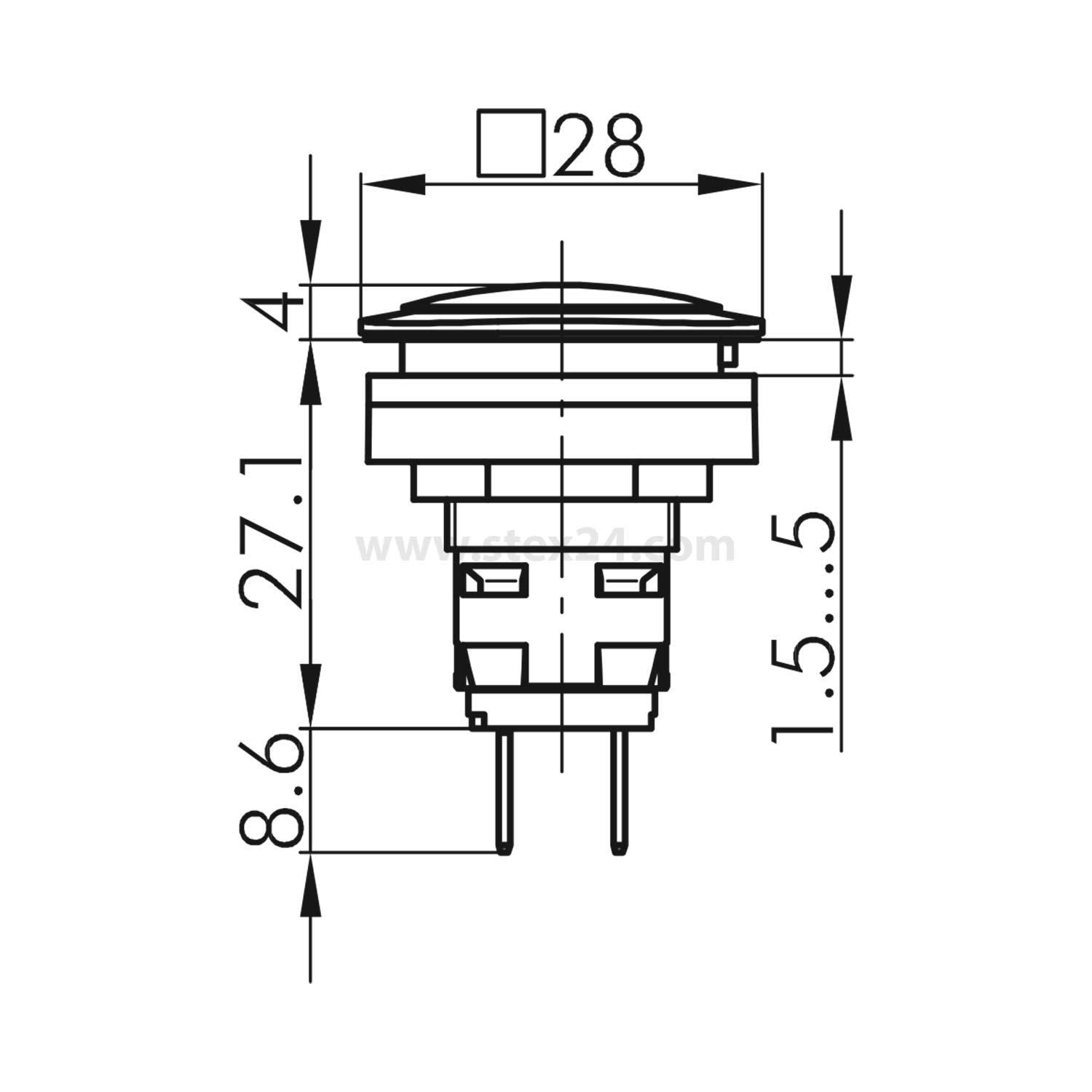 Technische Zeichnung eines Druckknopfschalters mit Maßangaben: 28 mm Durchmesser, 27,1 mm Höhe, 8,6 mm Basishöhe, Pinabstand 1,5-5 mm.