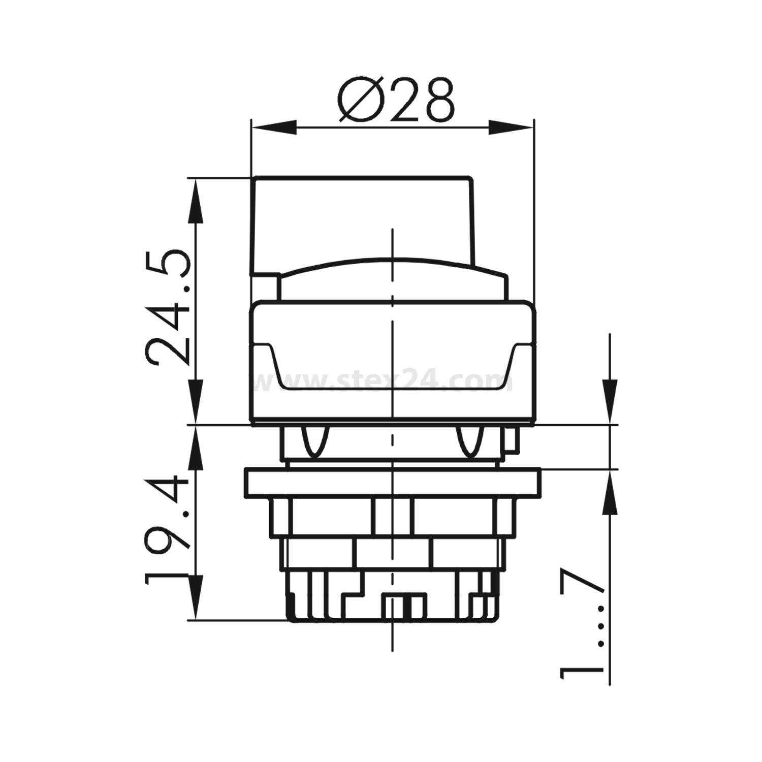 Eine technische Zeichnung eines Tasterschalters zeigt folgende Abmessungen: Durchmesser 28 mm, Höhe 24,5 mm, mit einer Basishöhe von 19,4 mm und einem unteren Abschnitt von 1,7 mm.