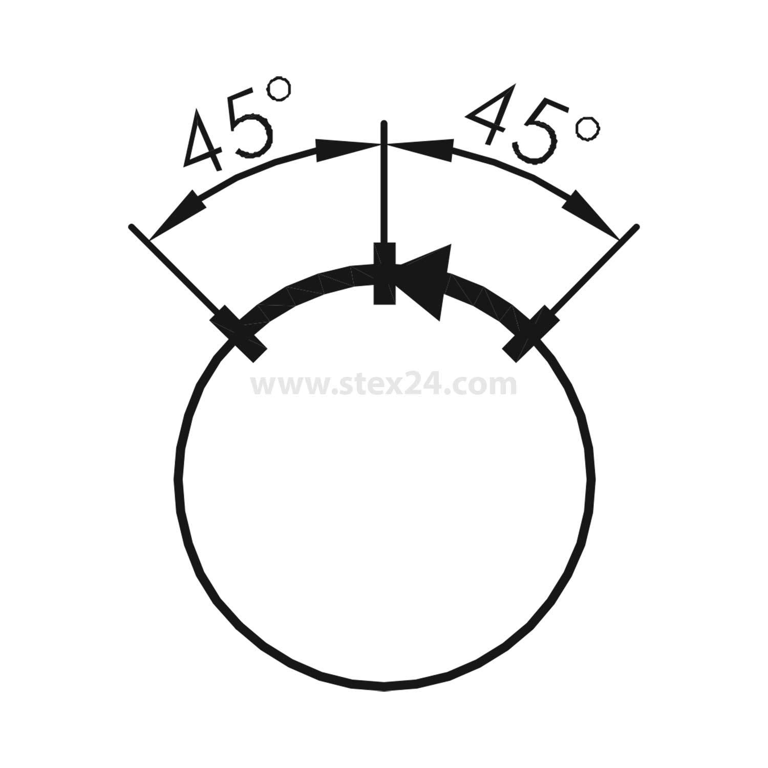 Rundes Rohrdiagramm mit zwei 45°-Winkel-Pfeilen, die symmetrische Schrägschnitte an gegenüberliegenden Seiten des Rohres anzeigen.