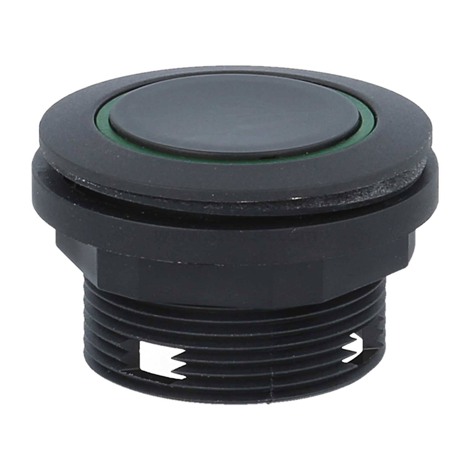 Ein schwarzer, kreisförmiger Druckknopf mit Gewindesockel, konzipiert für die Installation in Schaltschränken oder elektronischen Geräten.