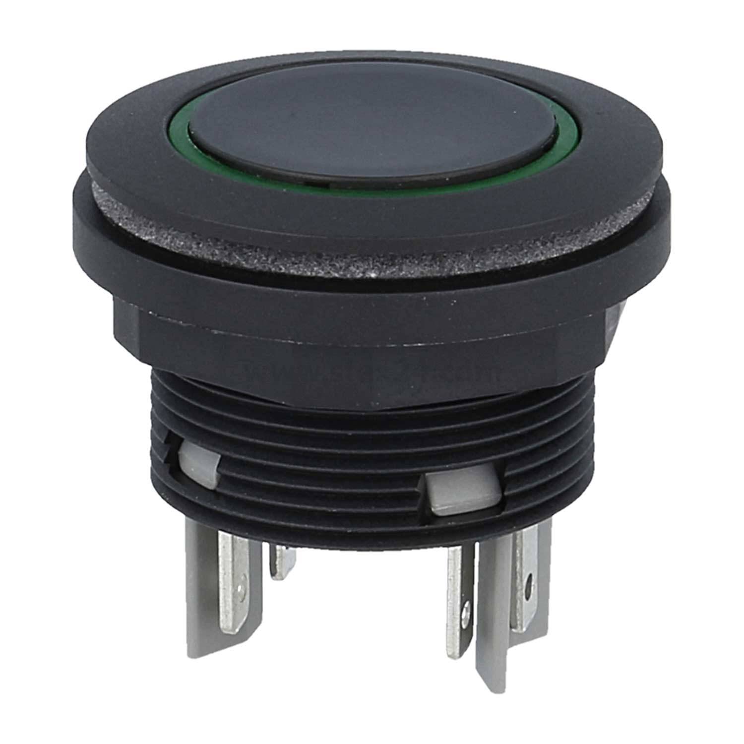 Ein schwarzer Drucktaster mit drei Metallkontakten, zur Montage in einer elektronischen Schaltung, von der Seite betrachtet.