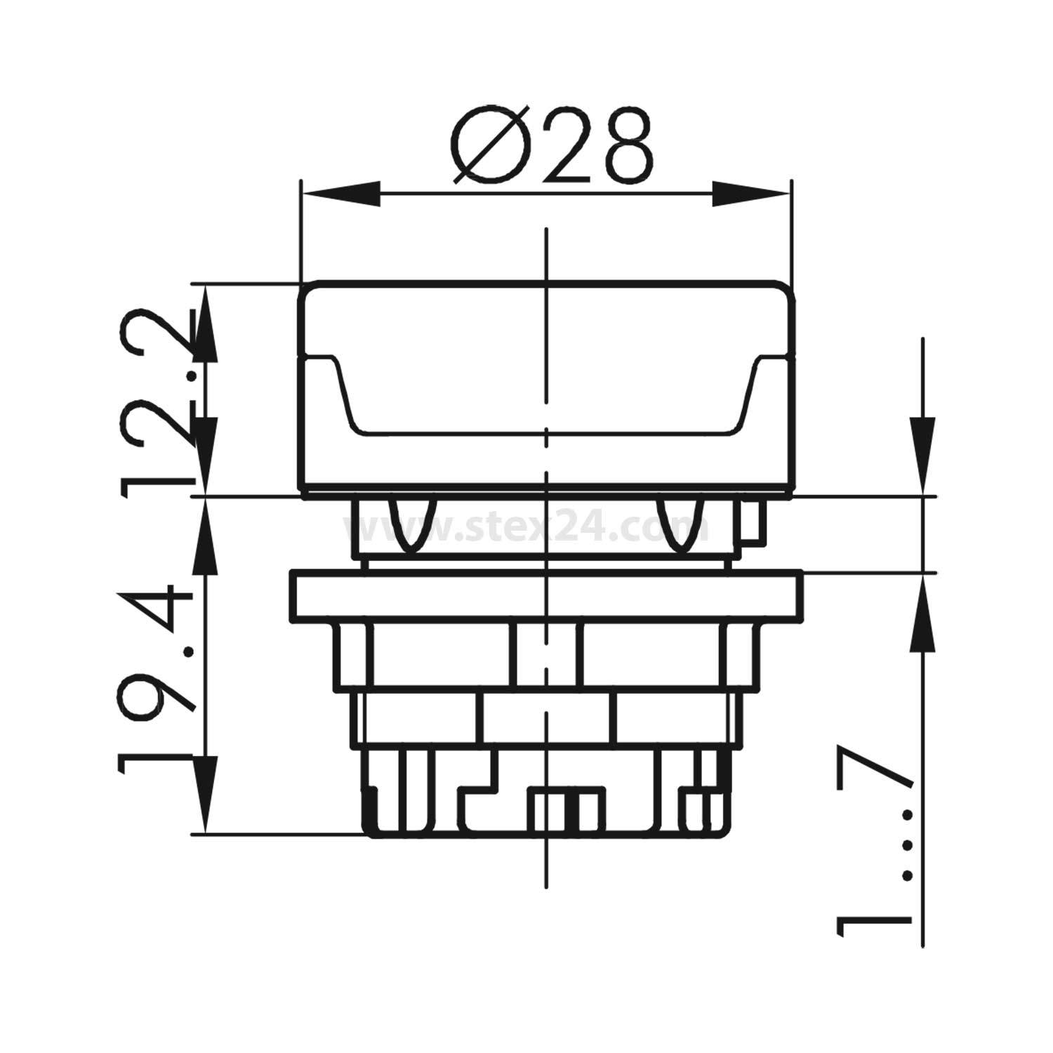 Schaltplan eines Druckschalters. Durchmesser beträgt 28 mm, mit Höhen- und Breitenmessungen beschriftet. Technische Details zur Herstellung.