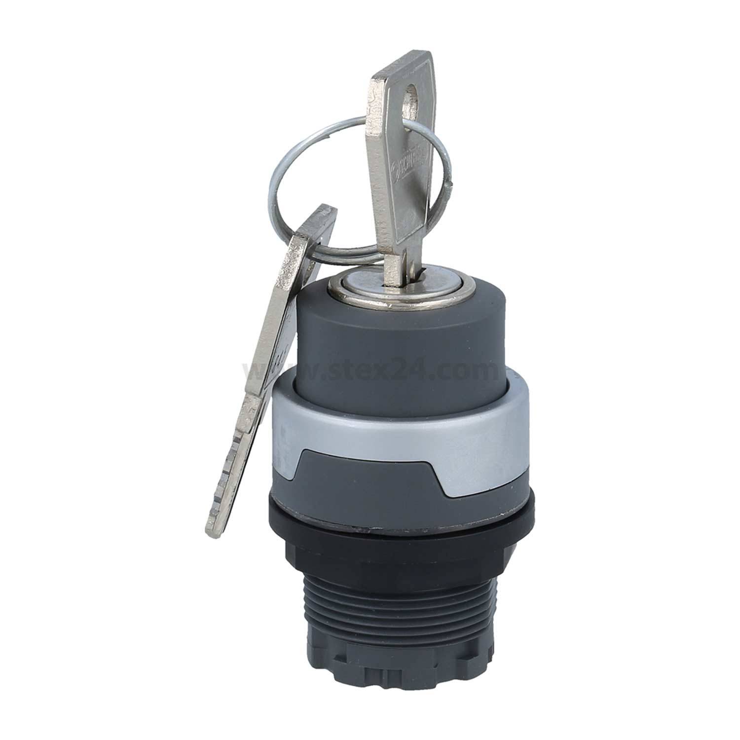 Ein metallischer Schlüssel, der in einen zylindrischen Schlossschalter eingesteckt ist, mit einem weiteren Schlüssel an einem Ring. Der Schalter hat eine schwarz-silberne Oberfläche.