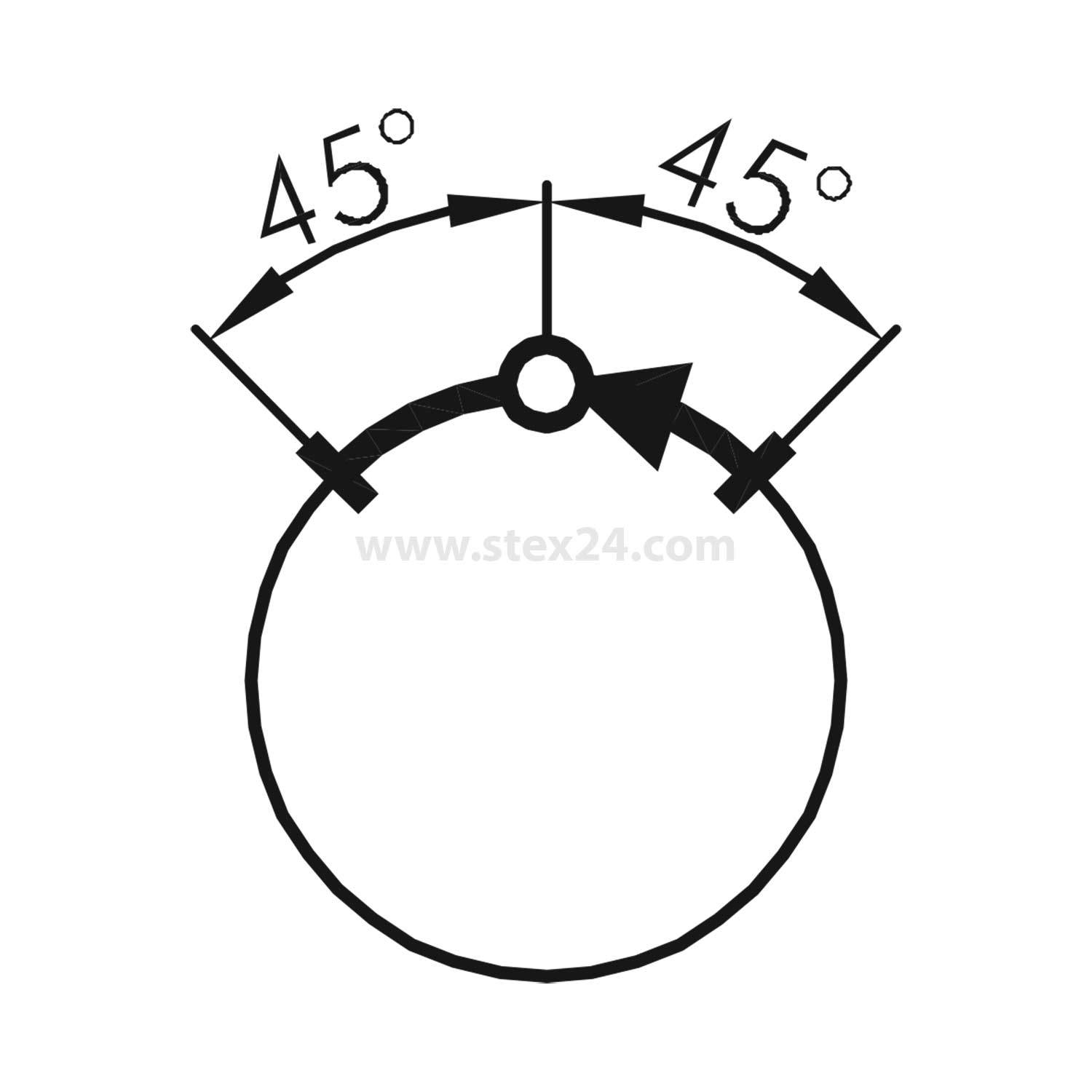 Kreisdiagramm mit oberem Segment, das auf beiden Seiten 45° markiert ist, Pfeile zeigen Winkelmessung vom Mittelpunkt bis zum Rand.