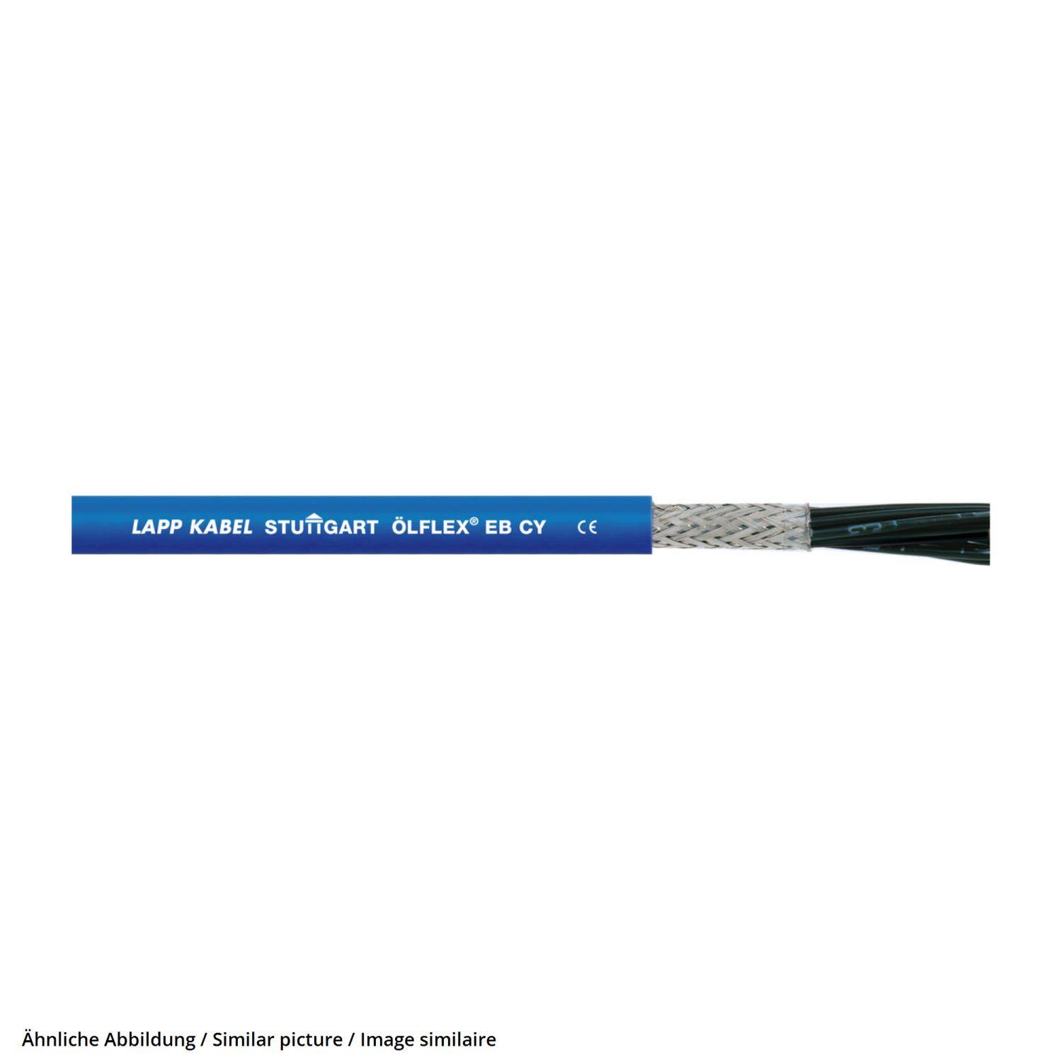 Ein blaues industrielles Kabel mit der Aufschrift 'LAPP KABEL STUTTGART ÖLFLEX EB CY', ausgestattet mit metallischer Abschirmung und schwarzer Isolierung, vor einem weißen Hintergrund.