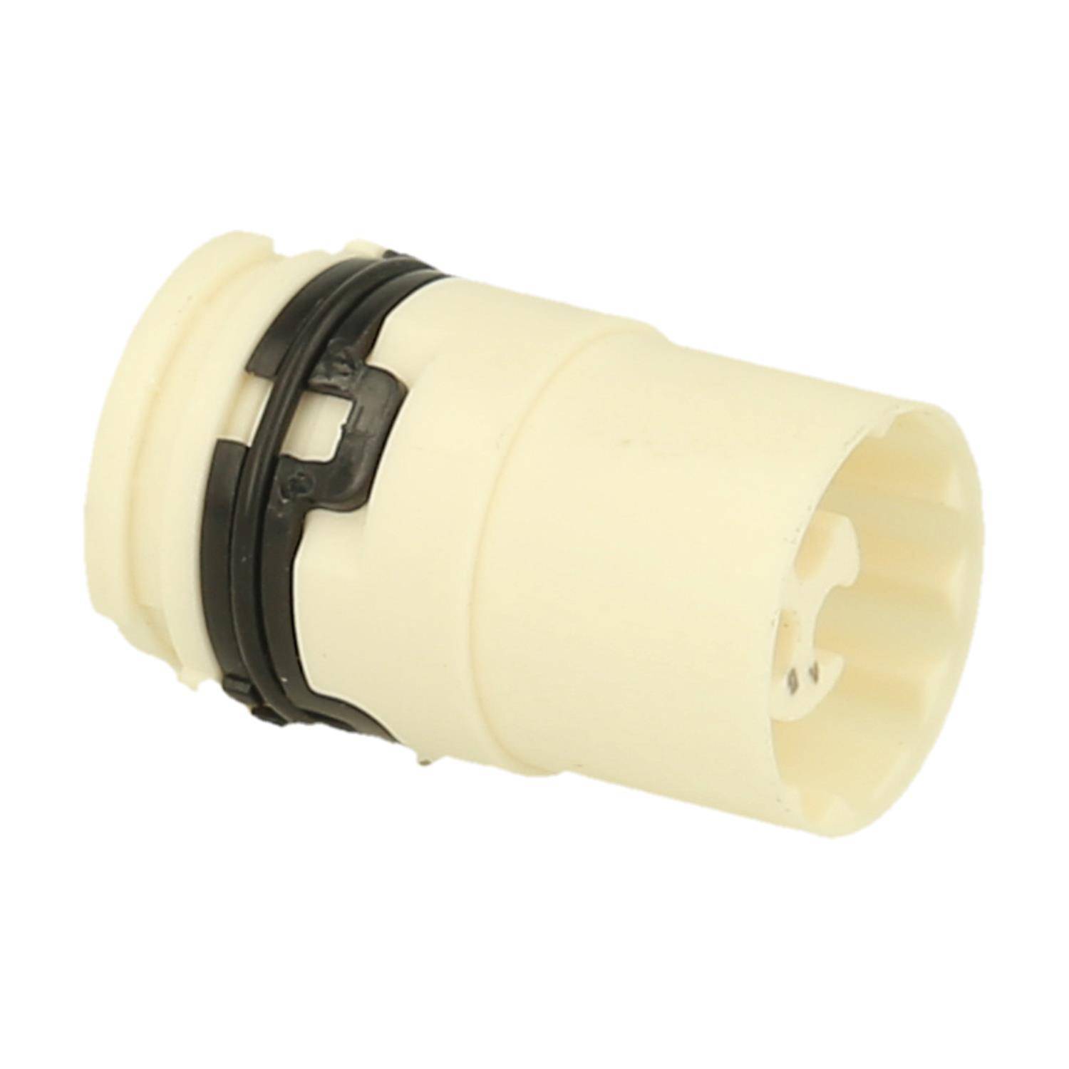 Eine kleine, zylindrische beige Plastikkomponente mit einem schwarzen Ring nahe ihrer Mitte, höchstwahrscheinlich Teil eines Verbindungs- oder Befestigungssystems.