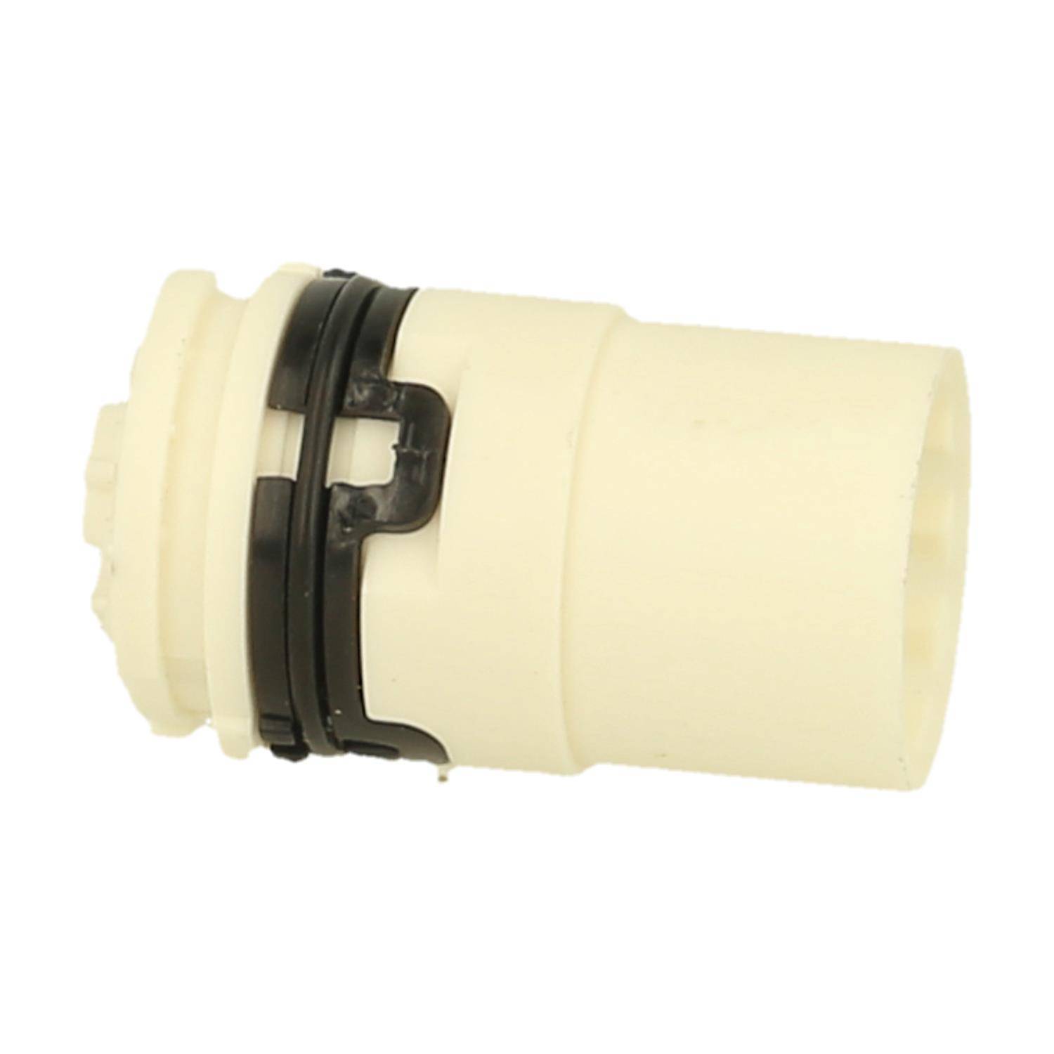 Eine weiße, zylindrische Kunststoffkomponente mit schwarzen Ringen in der Mitte, die wahrscheinlich in mechanischen oder Sanitärsystemen zur Abdichtung verwendet wird.