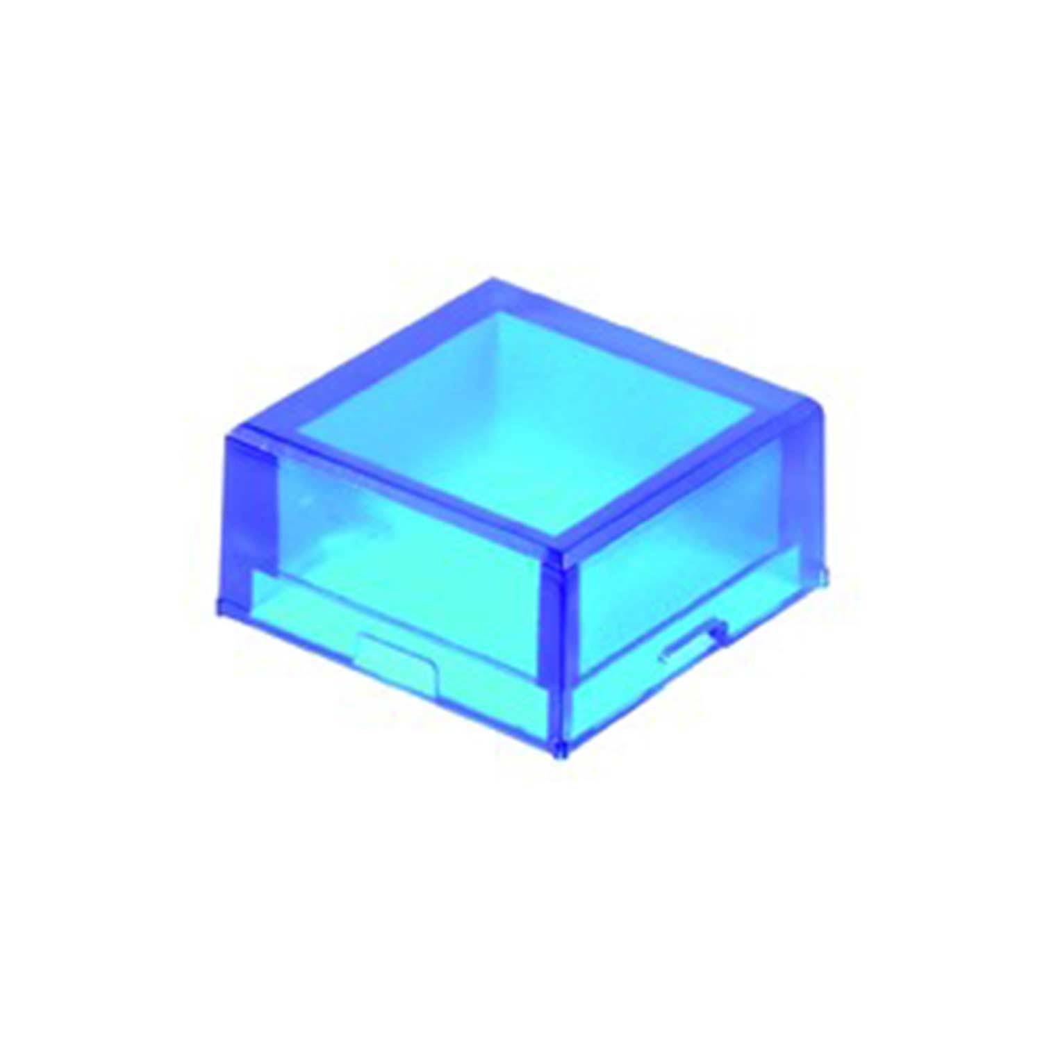 Eine blaue, quadratische, durchscheinende Plastikbox mit offenem Deckel und festen Seitenwänden, von einem leichten Winkel aus betrachtet.