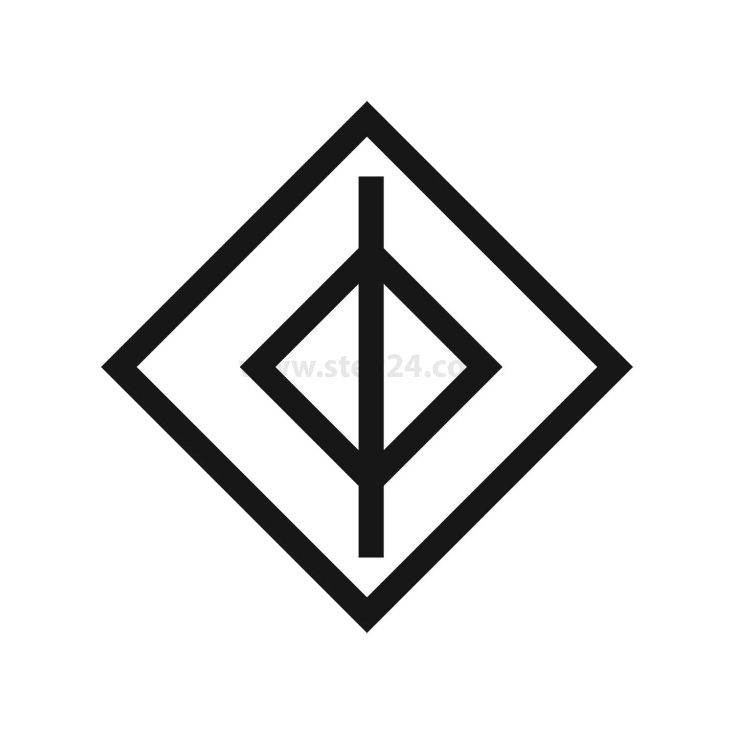 Eine schwarze Rautenform mit einer vertikalen Linie, die sie symmetrisch durchkreuzt, auf weißem Hintergrund.