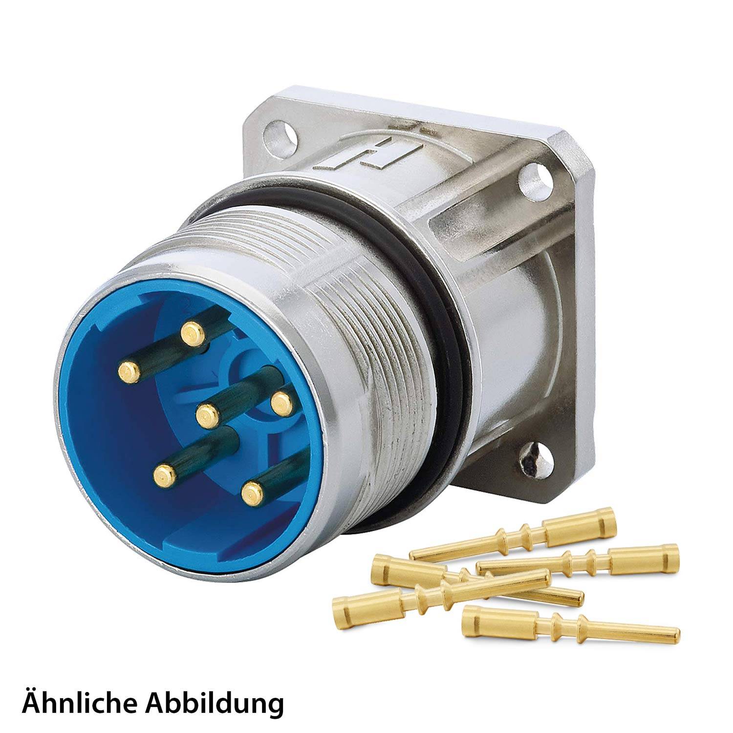 Ein zylindrischer Metallverbinder mit sechs Pins im Inneren, umgeben von einem blauen Innenraum und goldenen Spitzen. Lose Pins liegen daneben.