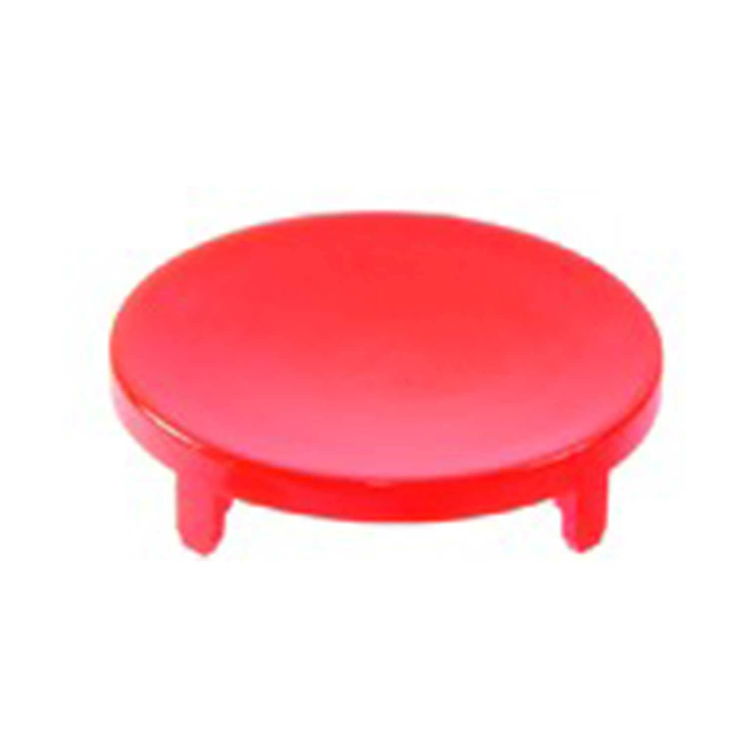 Eine flache, runde rote Plastikkappe mit drei kleinen Vorsprüngen auf der Unterseite, die wahrscheinlich als Schutzdeckel oder Deckel für einen Behälter verwendet wird.