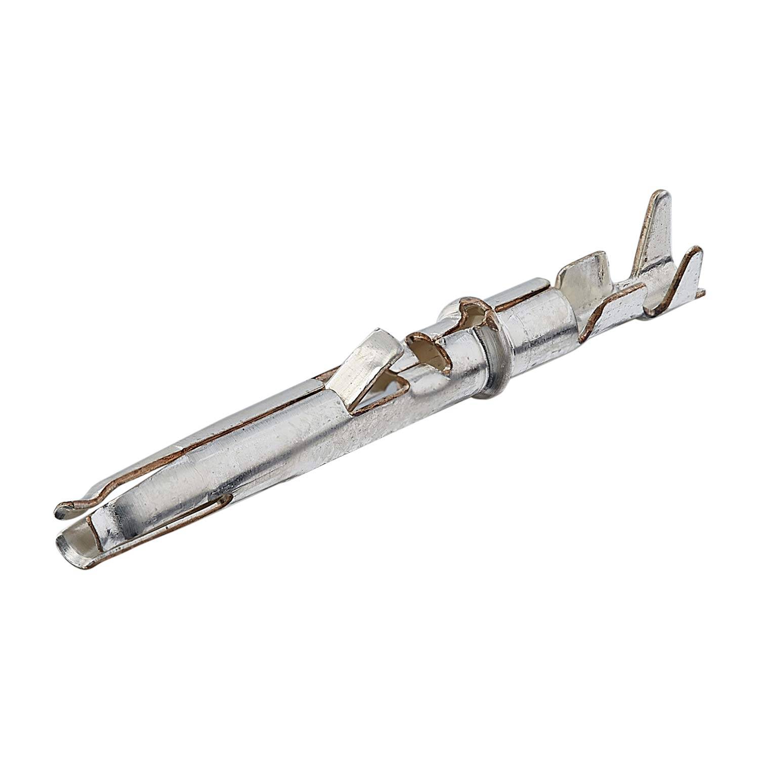 Eine elektrische Klemmvorrichtung aus Metall mit zylindrischer Form und eckigen Laschen zum Sichern von Drähten, die hauptsächlich in Automotive-Anschlüssen verwendet wird.