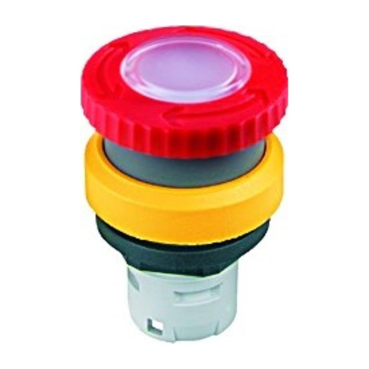 Roter Notaus-Schalter mit gelber Basis, der zum schnellen Abschalten von Maschinen oder Geräten im Notfall verwendet wird.