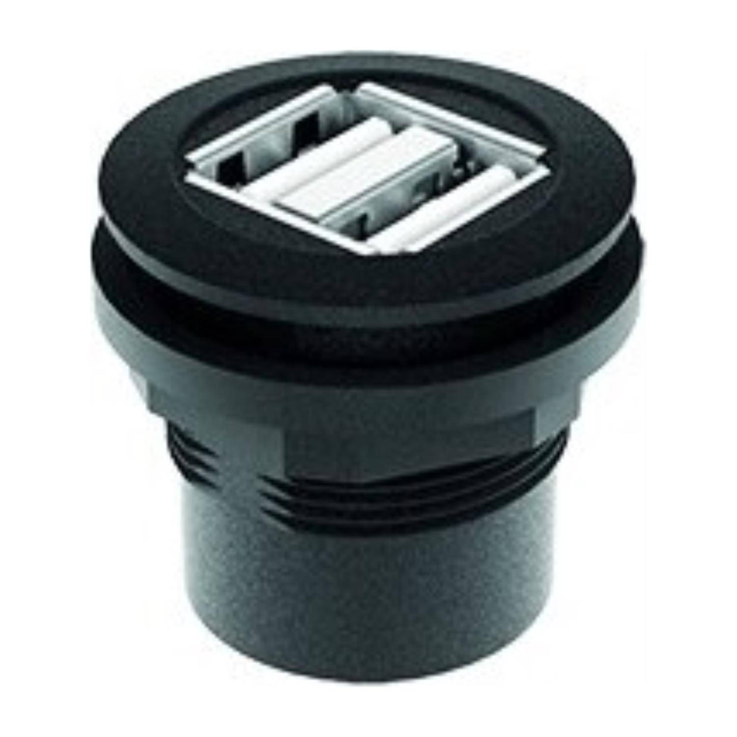 Ein schwarzer, runder Doppel-USB-Anschluss, konzipiert für die Paneelmontage. Die Anschlüsse sind horizontal ausgerichtet und eignen sich zum Laden oder zur Datenverbindung.