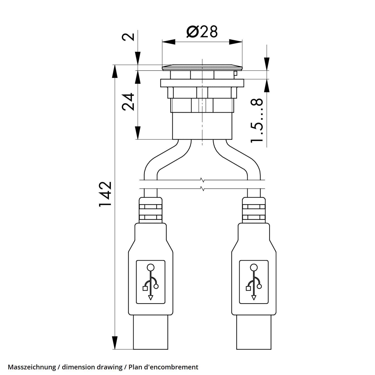 Eine technische Zeichnung einer Klempnerarmatur mit Maßangaben: Gesamthöhe 142 mm, Breite 28 mm. Zwei Ventilsymbole sind darunter dargestellt.