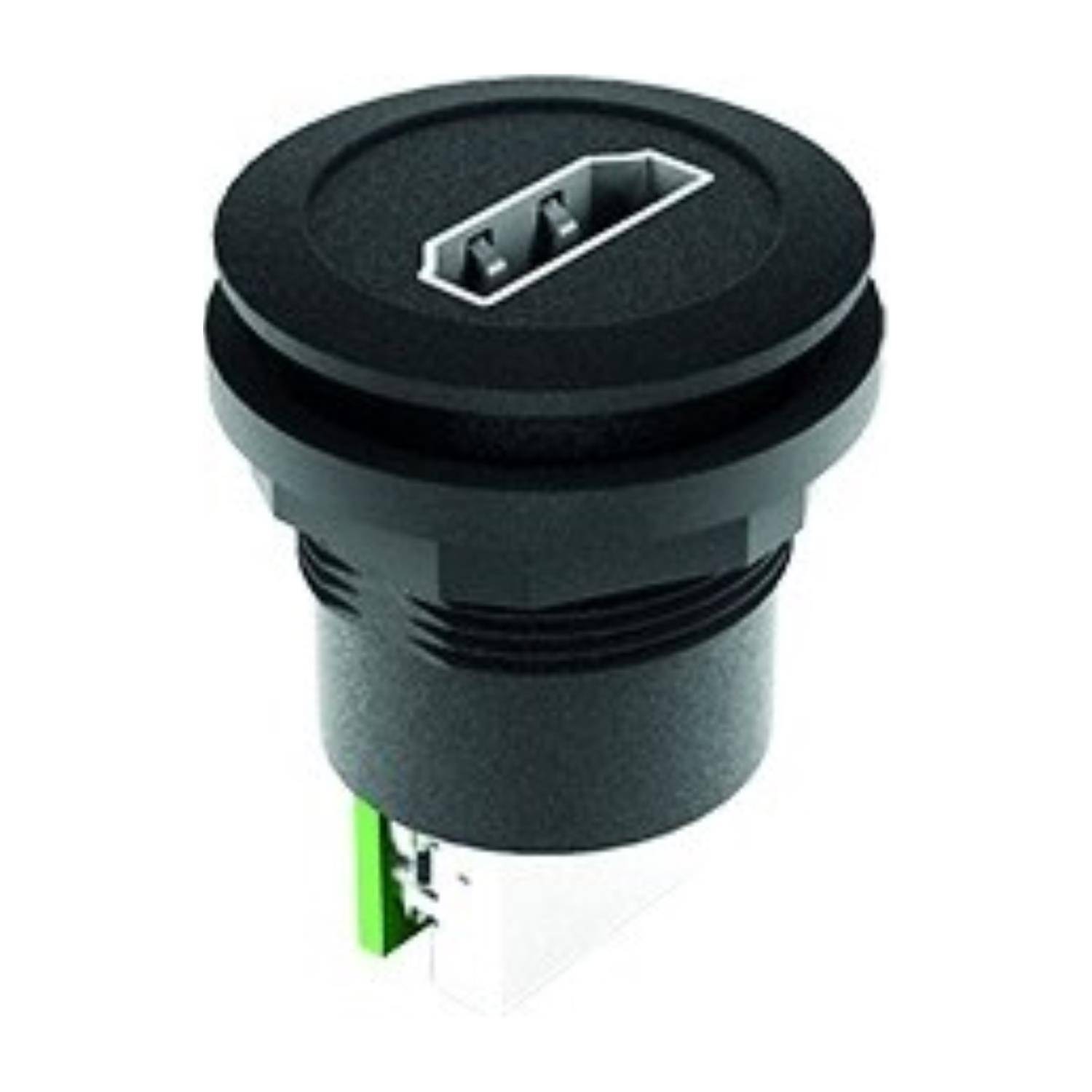 Eine schwarze, kreisförmige USB-Buchse mit zwei sichtbaren Anschlussports und einer weißen Basis, konzipiert für die Paneelmontage.