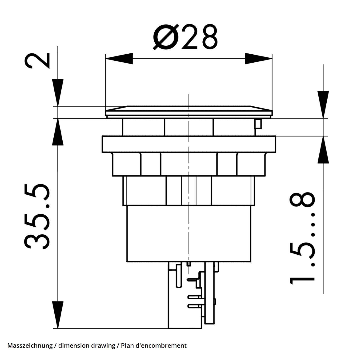 Schalterskizze mit Abmessungen: Gesamtdurchmesser Ø28 mm, Höhe 35,5 mm und Außenteil zwischen 1,5 bis 8 mm.