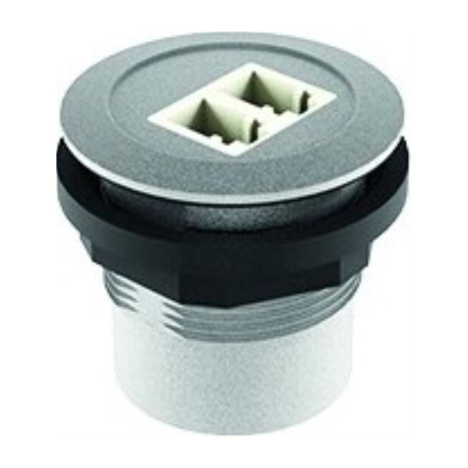 Ein Metall-RJ45-Stecker mit einer runden, verschraubten Konstruktion, der zwei Ethernet-Anschlüsse in einem zylindrischen Gehäuse präsentiert.