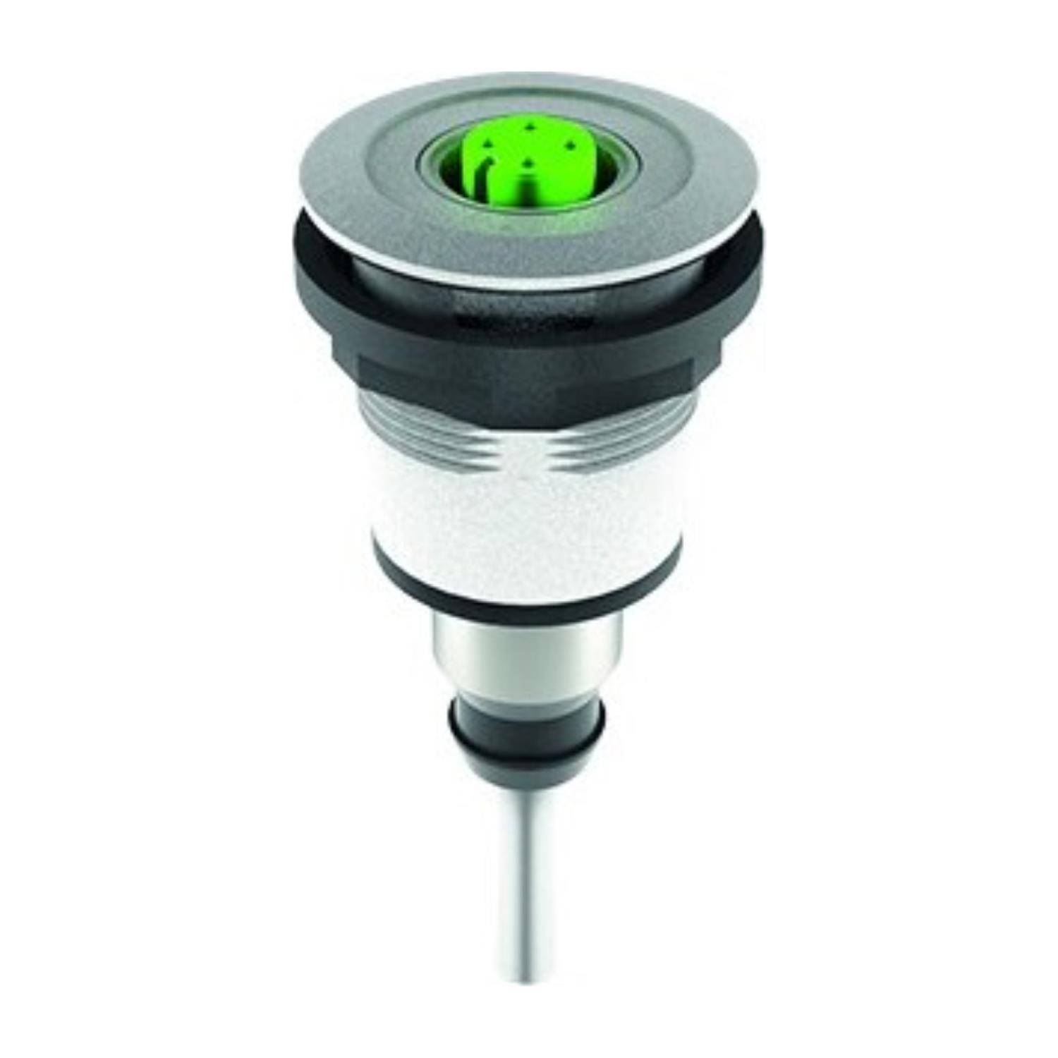 Eine Nahaufnahme eines grün-silbernen industriellen Drucktaster-Schalters mit einer runden Oberseite, grünem Zentrum und metallischen Gewindelinien.