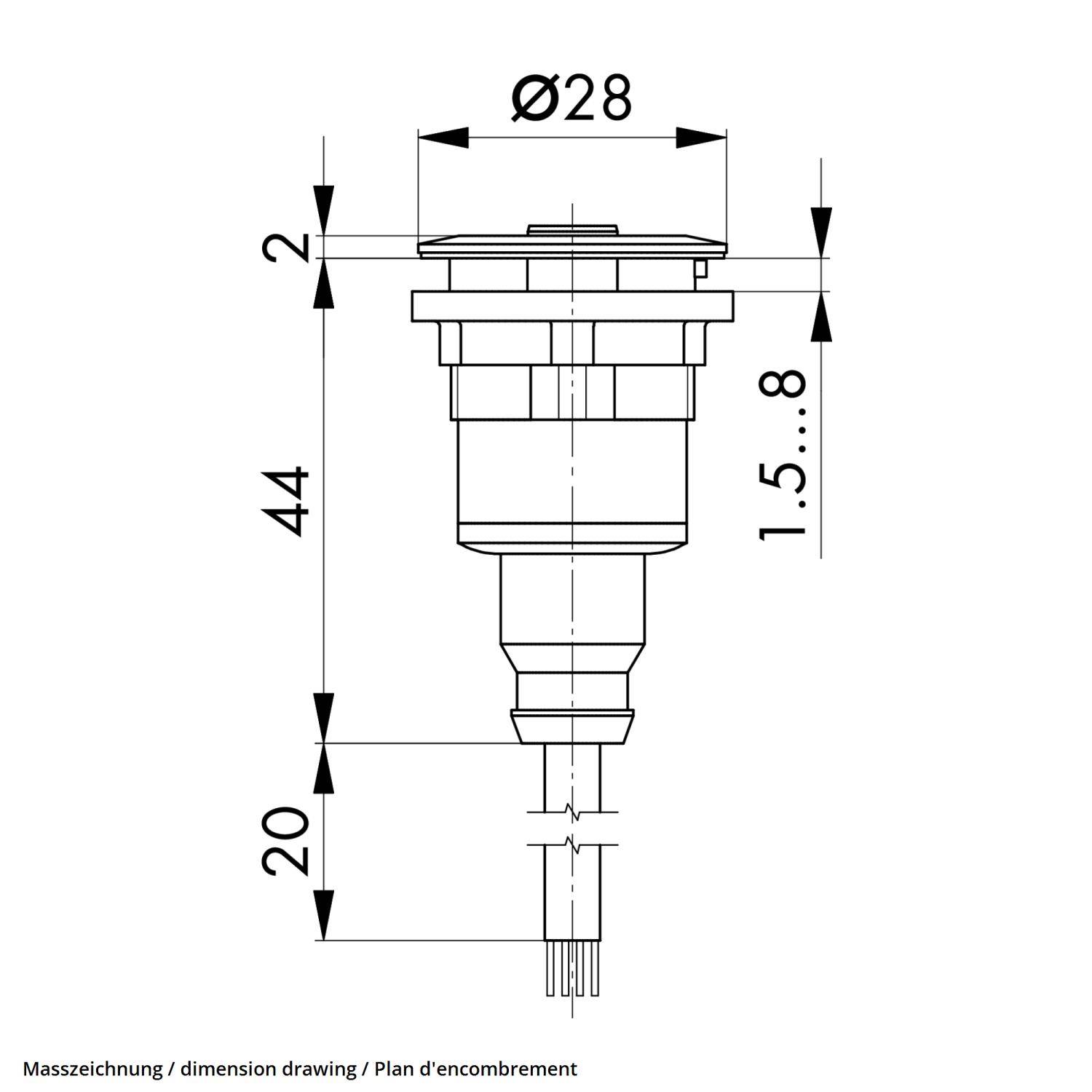 Technische Zeichnung einer zylindrischen Komponente mit einem Durchmesser von 28 mm an der Oberseite und einer Höhe von 44 mm. Zusätzliche Maße und Details sind enthalten.