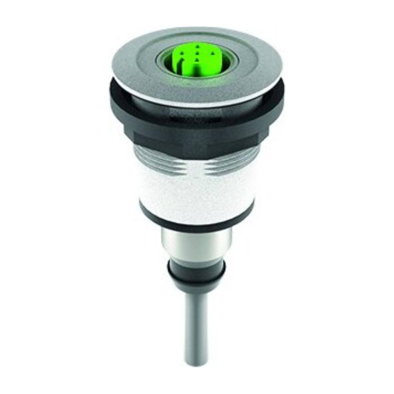 Ein metallischer, zylindrischer Industriesensor mit grünem Stecker und Gewindegehäuse, verwendet für automatisierte Maschinen oder elektronische Geräte.