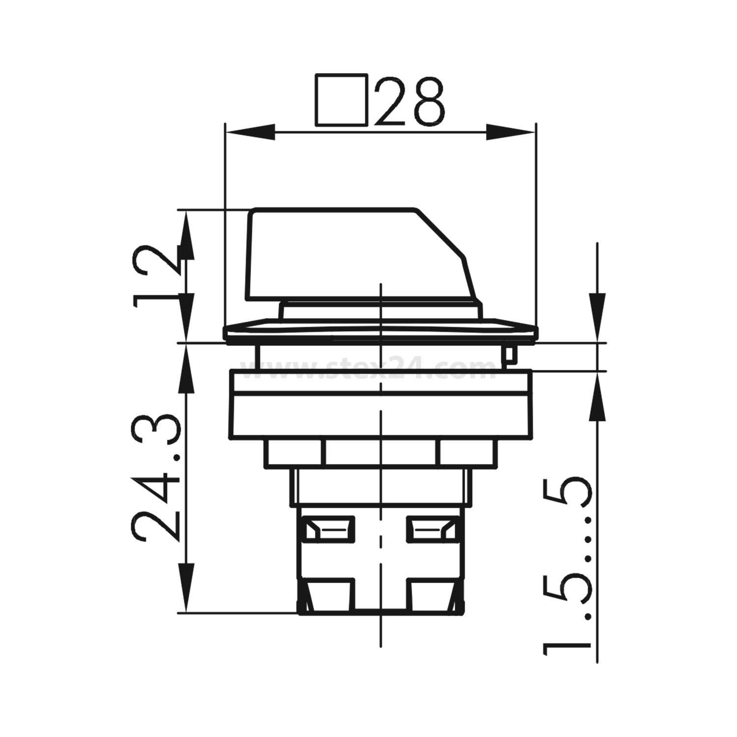 Technische Zeichnung eines Drucktastenschalters mit Maßangaben: Breite 28 mm, Höhe 12 mm und Tiefe 24,3 mm, mit einer Einbautiefe von 1,5 bis 5,5 mm.