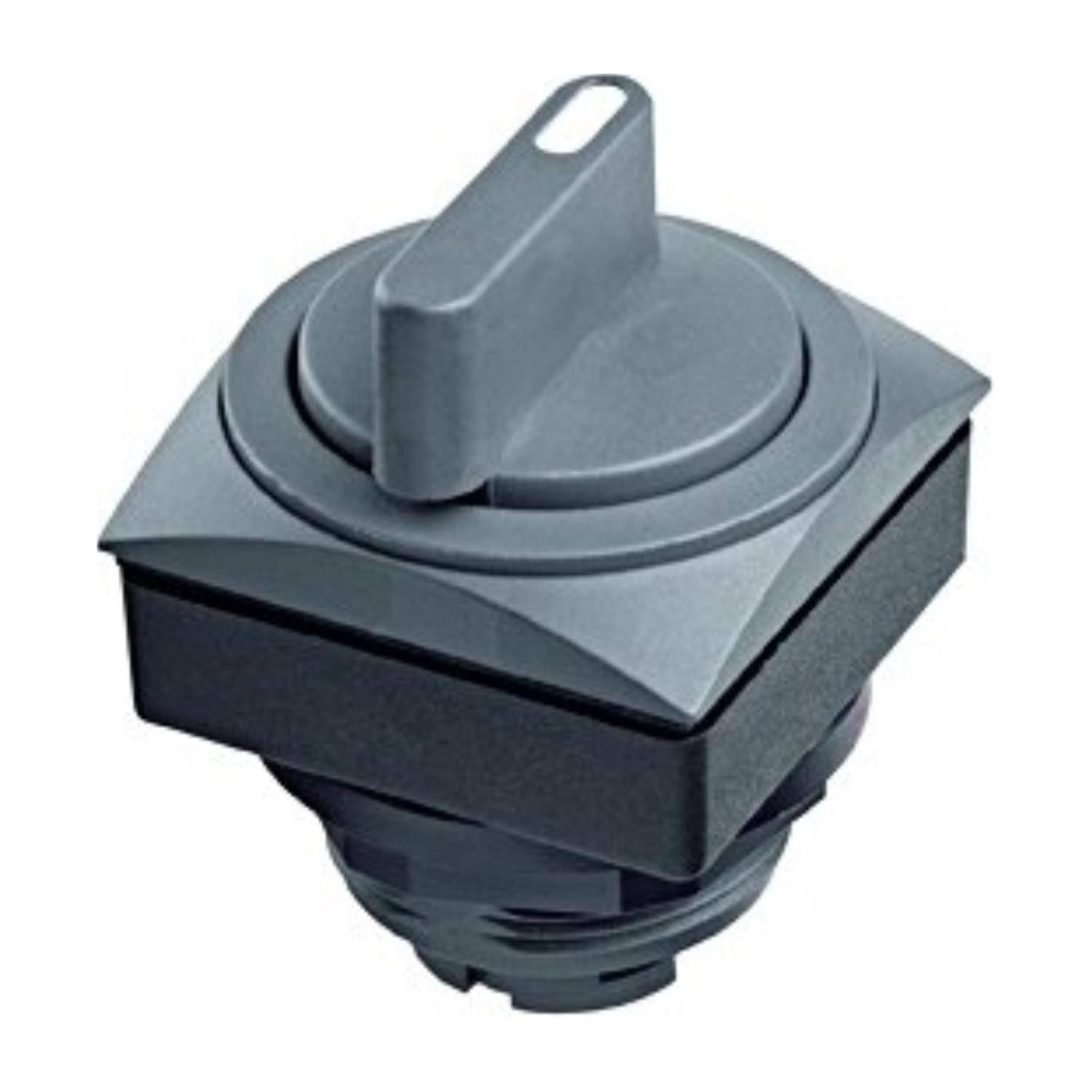 Ein grauer, quadratischer Industrieschalter mit einem rotierenden Hebel, konzipiert für elektronische oder maschinelle Steuerungsanwendungen.