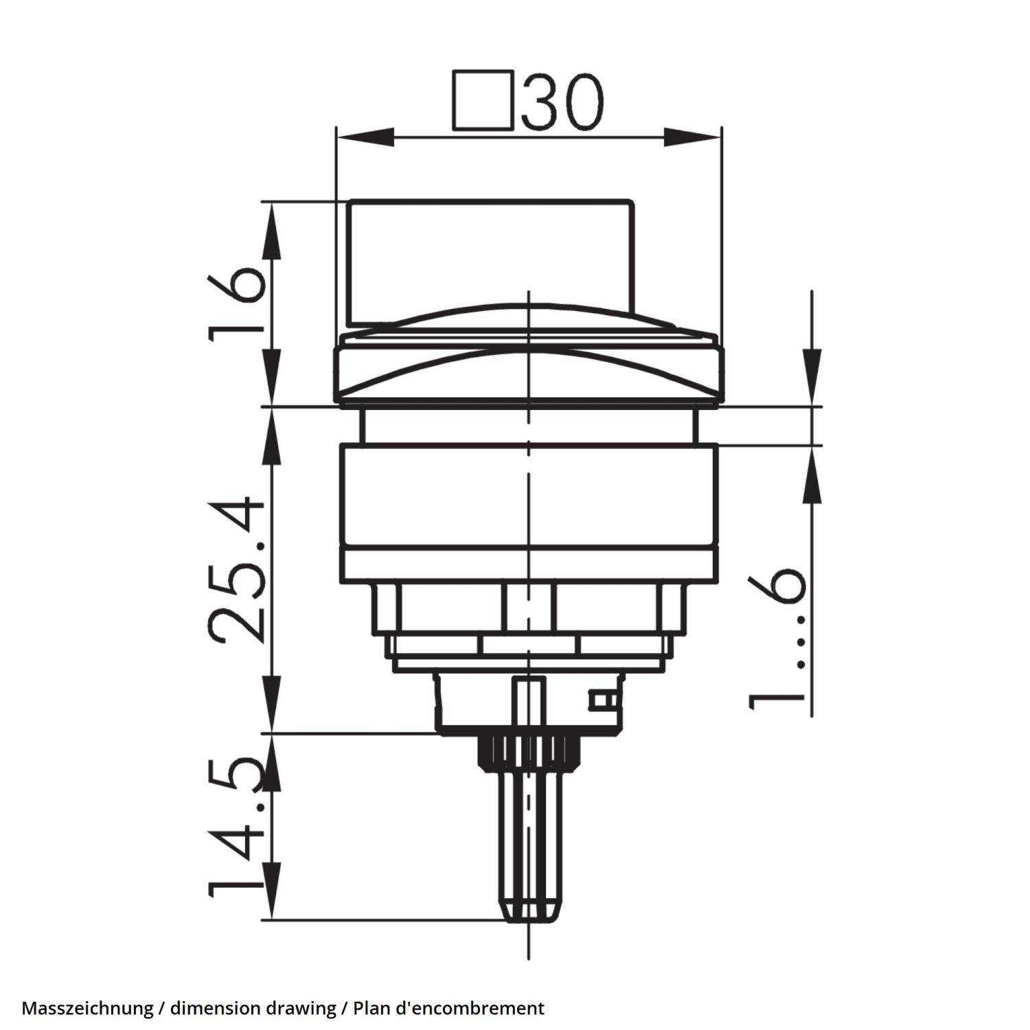 Maßzeichnung eines zylindrischen Drehschalters, mit Angaben der Abmessungen: Gesamthöhe 30 mm, Schafthöhe 16 mm und Bedienkopfhöhe 14,5 mm.